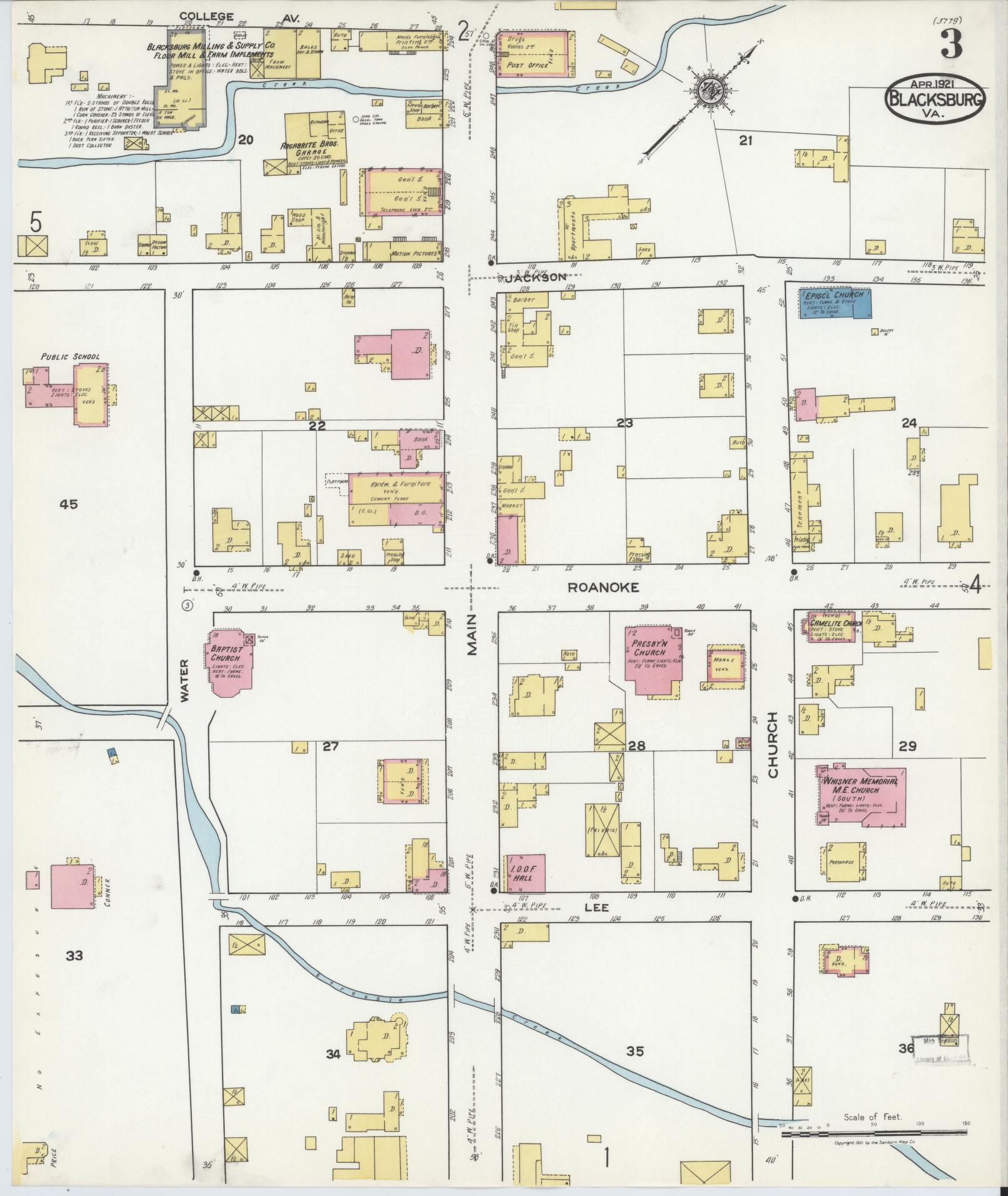 Sanborn Fire Insurance Map from Blacksburg, Montgomery County, Virginia (1921), Sheet #0003 - Historic Sanborn Fire Insurance Map Print, vintage old map wall art, antique decor, genealogy gift, Virginia Virginia map