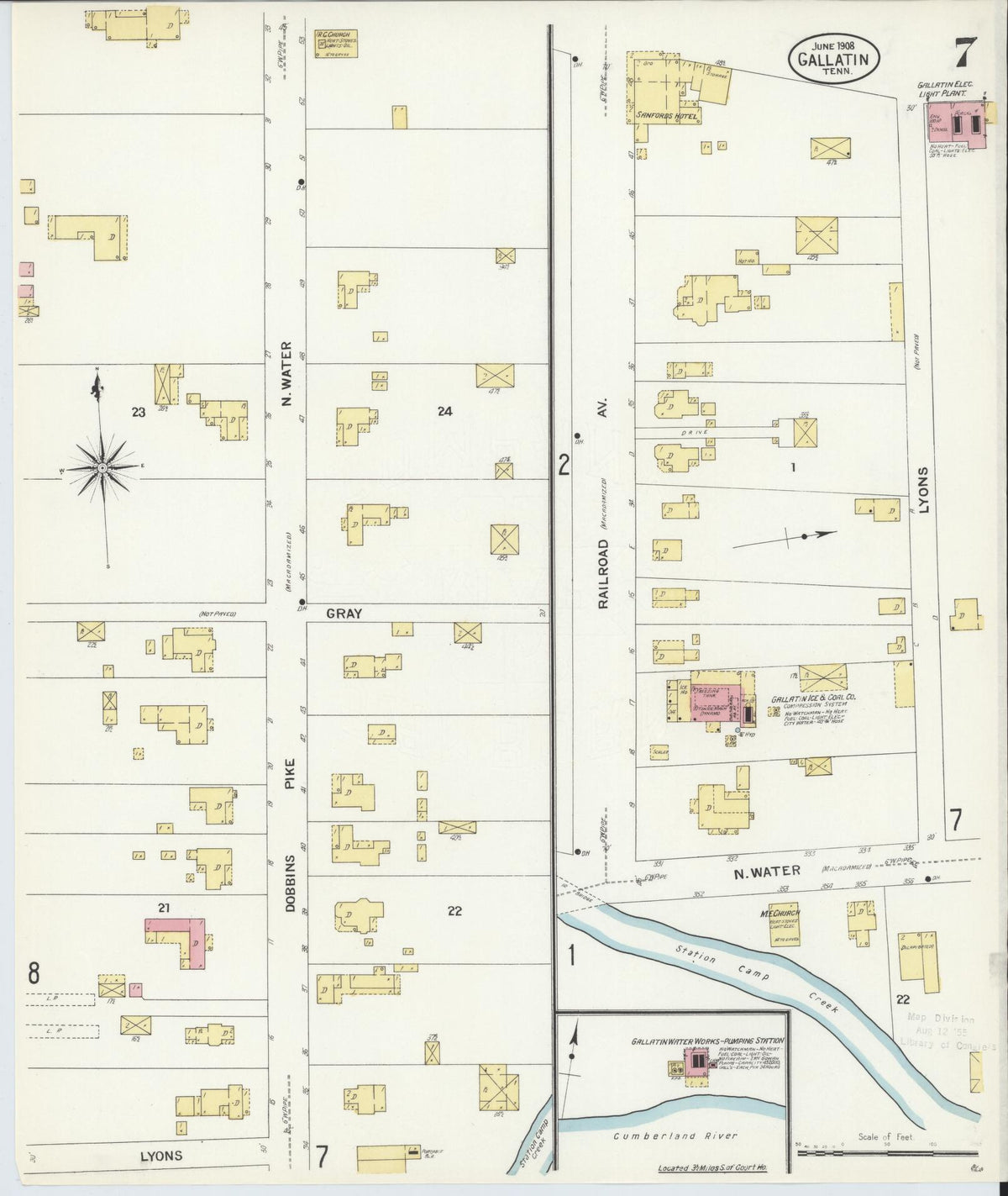 Sanborn Fire Insurance Map from Gallatin, Sumner County, Tennessee (1908), Sheet #0007 - Complete Map Set gallery image, historic Sanborn map, vintage wall art, Tennessee Tennessee