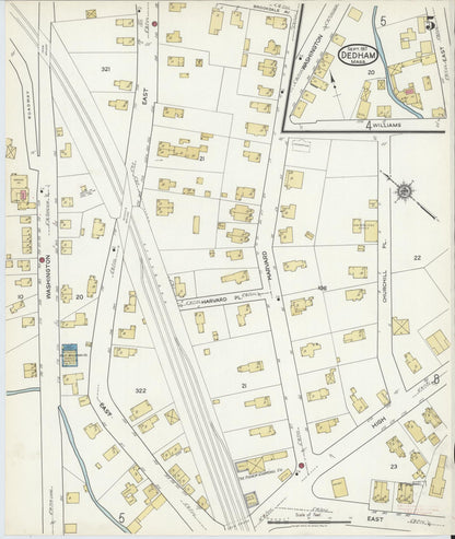 Sanborn Fire Insurance Map from Dedham, Norfolk County, Massachusetts (1917), Sheet #0005 - Historic Sanborn Fire Insurance Map Print, vintage old map wall art, antique decor, genealogy gift, Massachusetts Massachusetts map