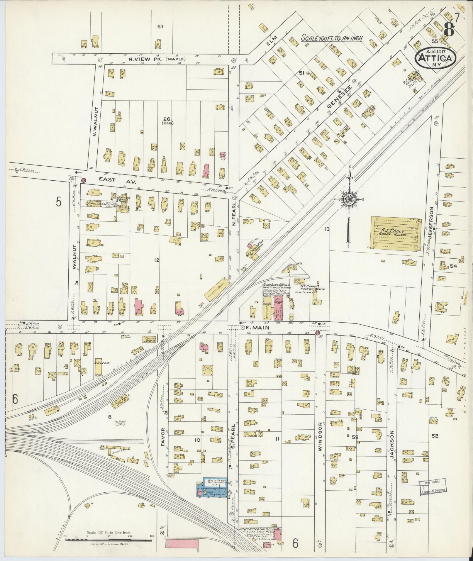Sanborn Fire Insurance Map from Attica, Wyoming County, New York (1917), Sheet #0008 - Complete Map Set gallery image, historic Sanborn map, vintage wall art, Attica Wyoming