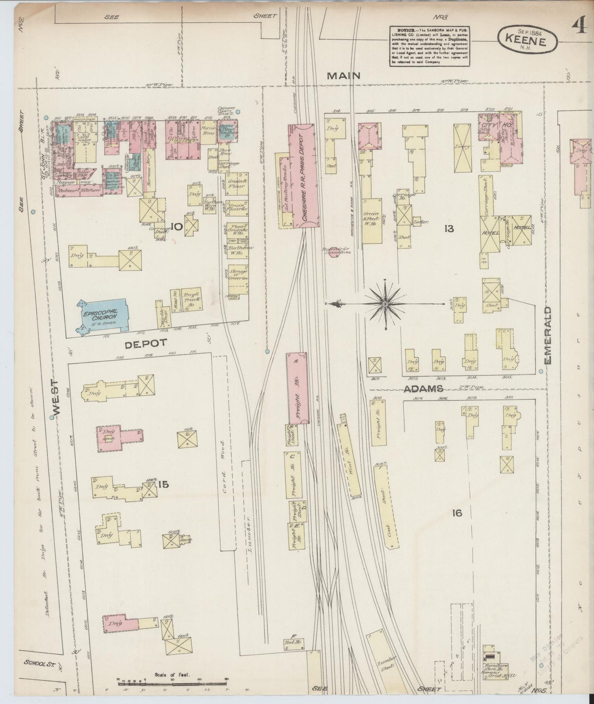 Sanborn Fire Insurance Map from Keene, Cheshire County, New Hampshire (1884), Sheet #0004 - Complete Map Set gallery image, historic Sanborn map, vintage wall art, New Hampshire New Hampshire
