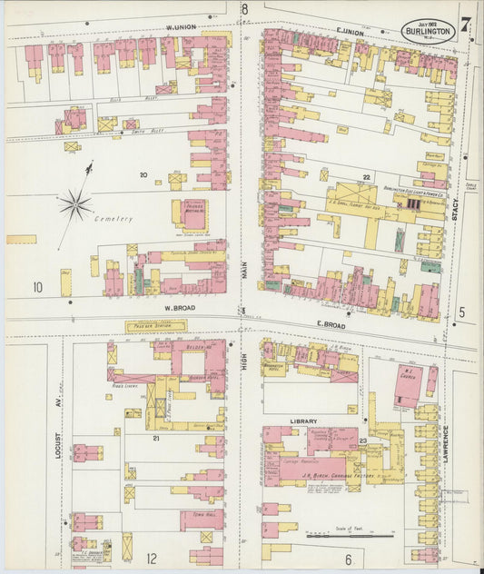 Sanborn Fire Insurance Map from Burlington, Burlington County, New Jersey (1902), Sheet #0007 - Historic Sanborn Fire Insurance Map Print, vintage old map wall art, antique decor, genealogy gift, New Jersey New Jersey map