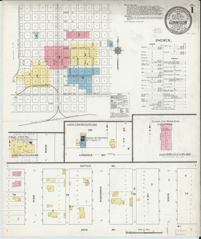 Sanborn Fire Insurance Map from Gunnison, Gunnison County, Colorado (1910), Sheet #0001 - Complete Map Set gallery image, historic Sanborn map, vintage wall art, Colorado Colorado