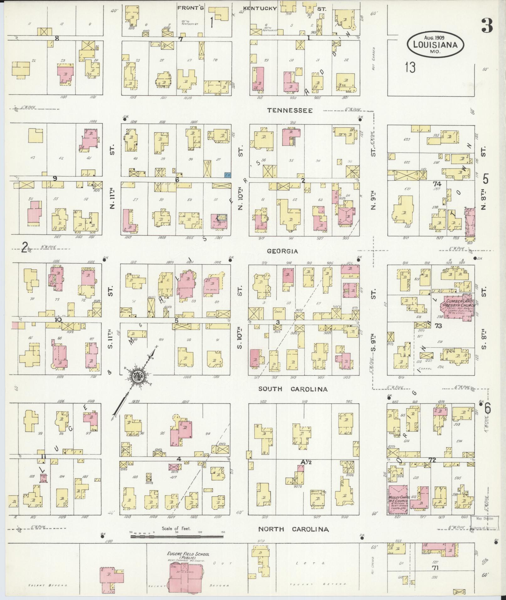 Sanborn Fire Insurance Map from Louisiana, Pike County, Missouri (1909), Sheet #0003 - Historic Sanborn Fire Insurance Map Print, vintage old map wall art, antique decor, genealogy gift, Missouri Missouri map