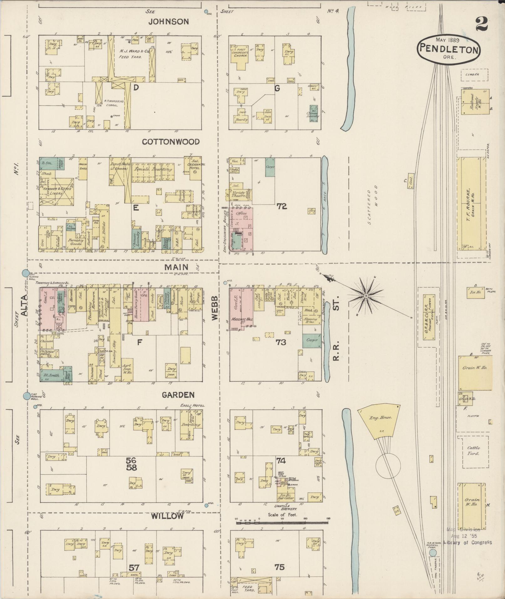 Sanborn Fire Insurance Map from Pendleton, Umatilla County, Oregon (1889), Sheet #0002 - Historic Sanborn Fire Insurance Map Print, vintage old map wall art, antique decor, genealogy gift, Oregon Oregon map