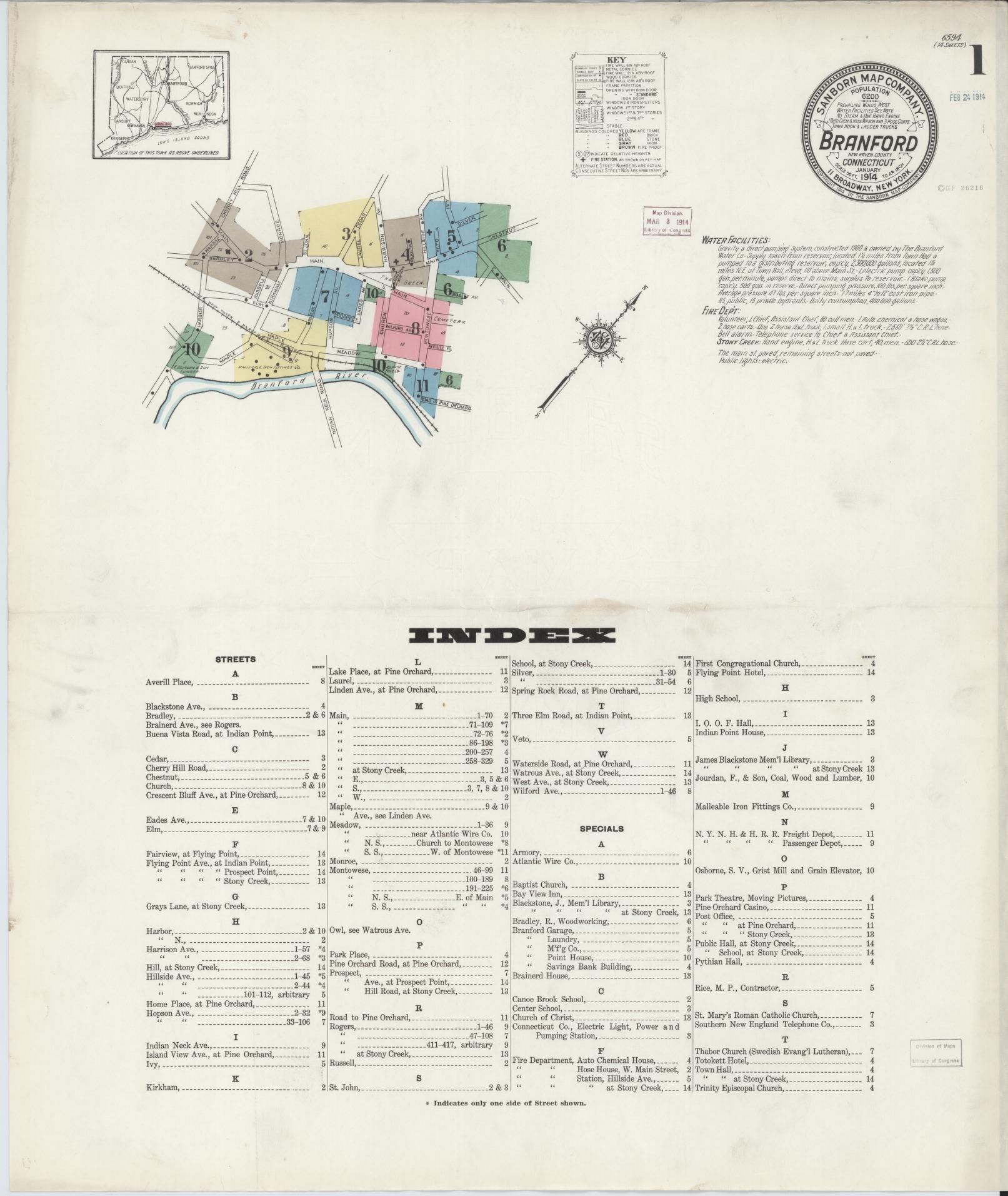 Sanborn Fire Insurance Map from Branford, New Haven County, Connecticut (1914), Sheet #0001 - Complete Map Set gallery image, historic Sanborn map, vintage wall art, Connecticut Connecticut