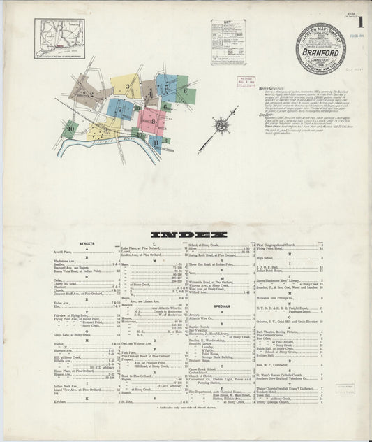 Sanborn Fire Insurance Map from Branford, New Haven County, Connecticut (1914), Sheet #0001 - Complete Map Set gallery image, historic Sanborn map, vintage wall art, Connecticut Connecticut