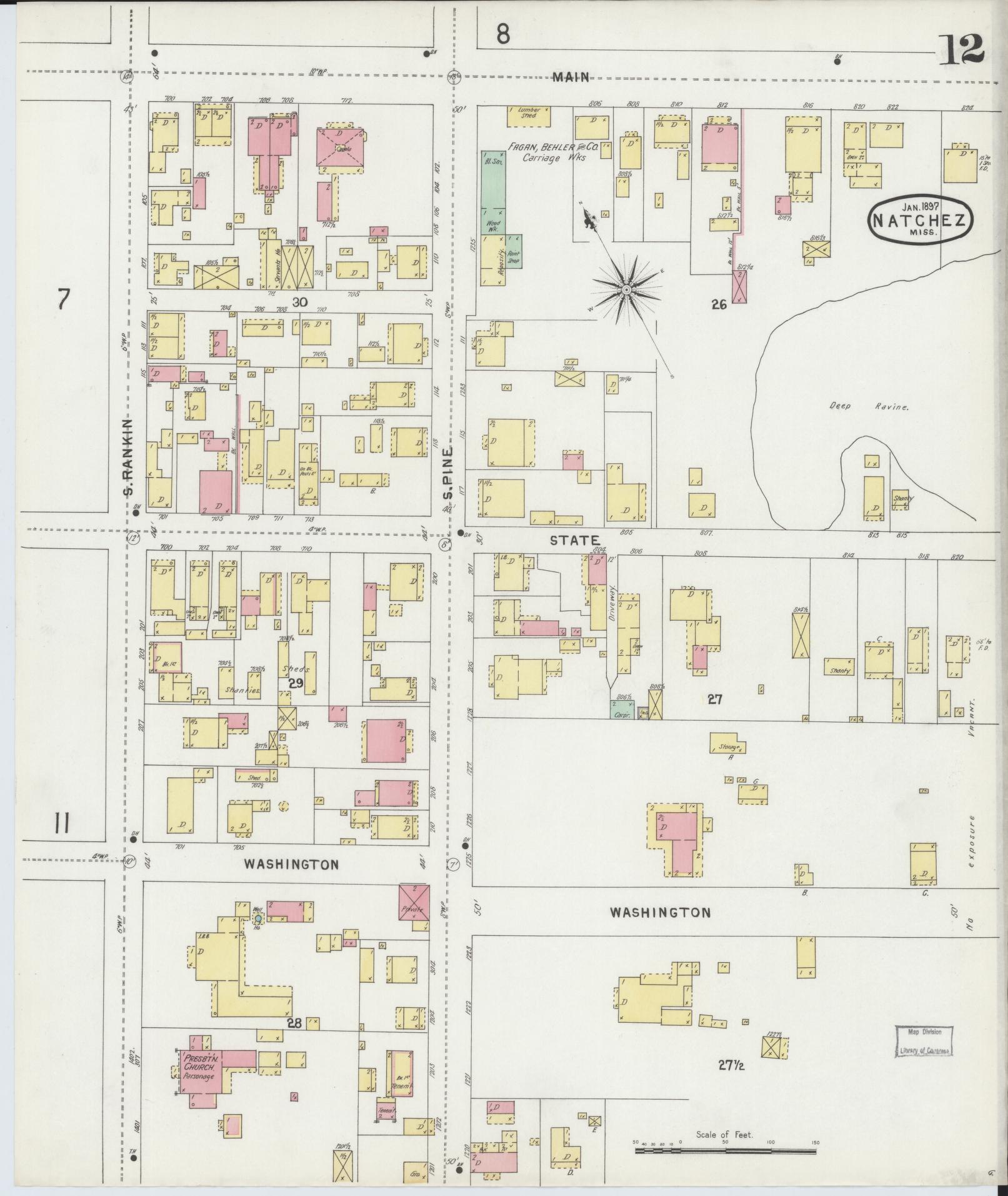 Sanborn Fire Insurance Map from Natchez, Adams County, Mississippi (1897), Sheet #0012 - Historic Sanborn Fire Insurance Map Print, vintage old map wall art, antique decor, genealogy gift, Mississippi Mississippi map