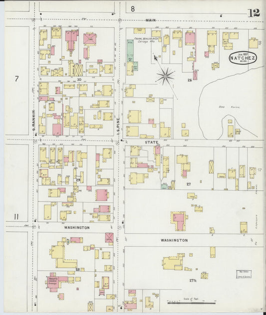 Sanborn Fire Insurance Map from Natchez, Adams County, Mississippi (1897), Sheet #0012 - Historic Sanborn Fire Insurance Map Print, vintage old map wall art, antique decor, genealogy gift, Mississippi Mississippi map
