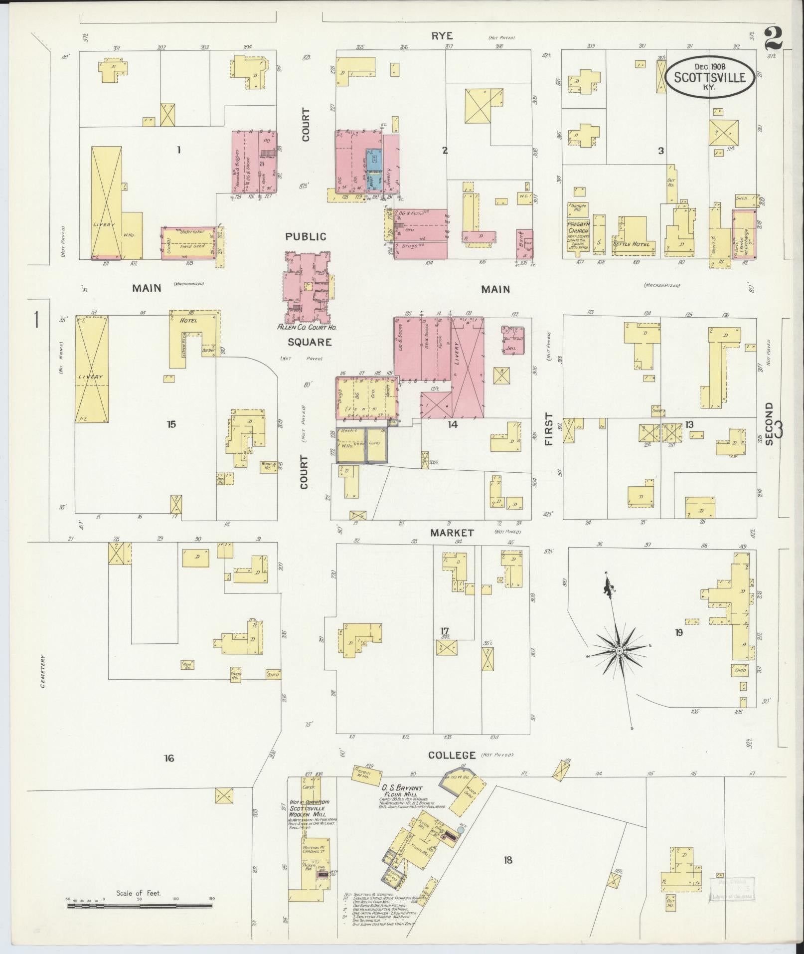 Sanborn Fire Insurance Map from Scottsville, Allen County, Kentucky (1908), Sheet #0002 - Complete Map Set gallery image, historic Sanborn map, vintage wall art, Kentucky Kentucky