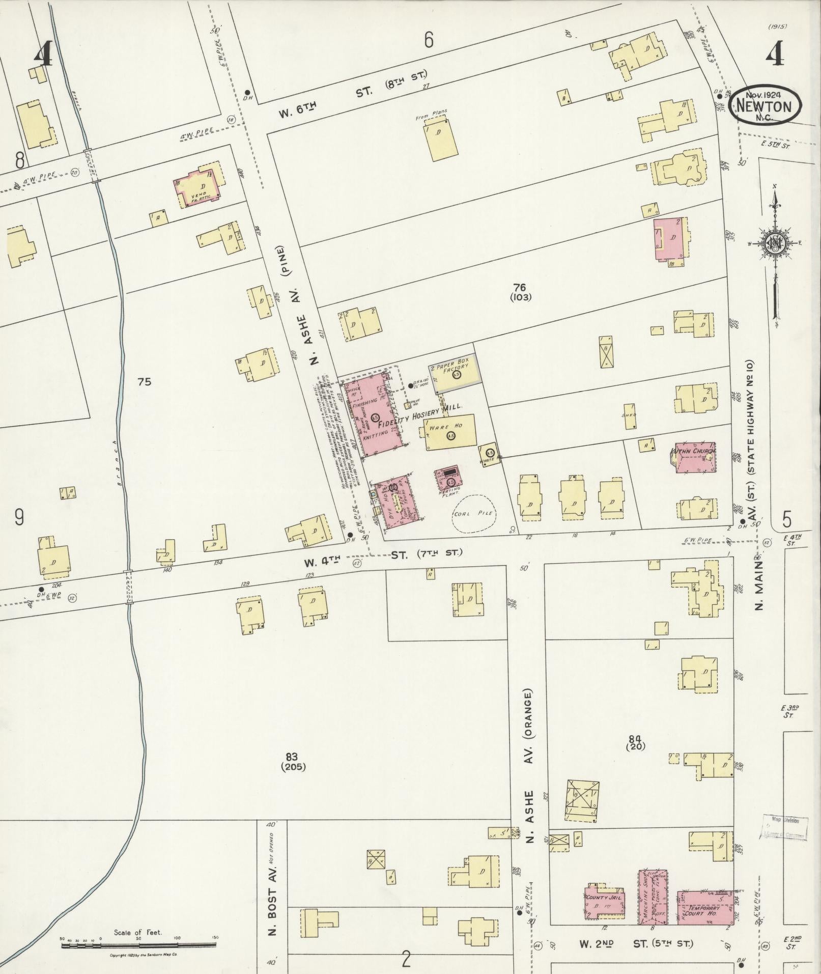 Sanborn Fire Insurance Map from Newton, Catawba County, North Carolina (1924), Sheet #0004 - Complete Map Set gallery image, historic Sanborn map, vintage wall art, North Carolina North Carolina
