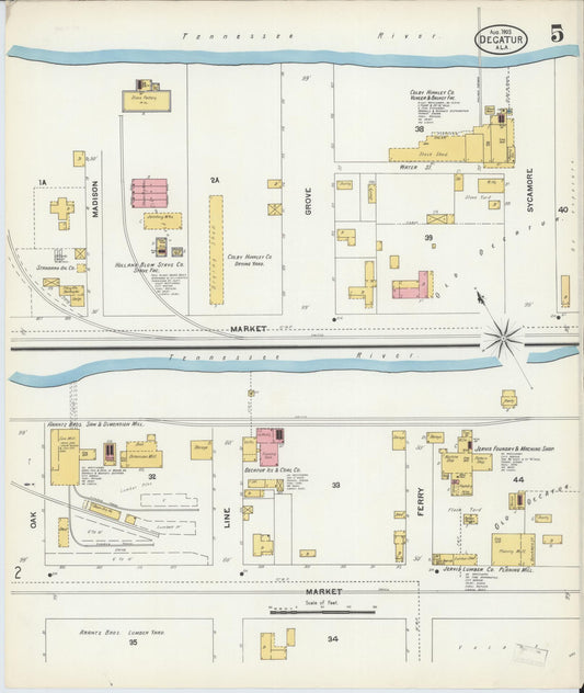 Sanborn Fire Insurance Map from Decatur, Morgan County, Alabama (1903), Sheet #0005 - Historic Sanborn Fire Insurance Map Print, vintage old map wall art, antique decor, genealogy gift, Alabama Alabama map