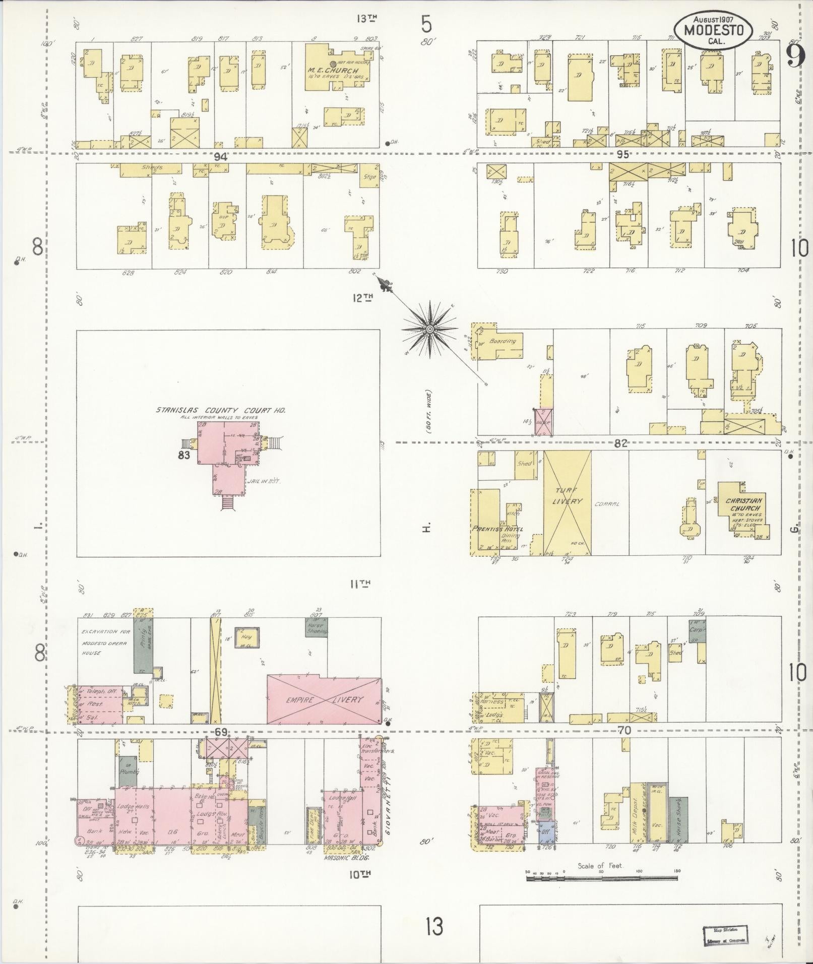 Sanborn Fire Insurance Map from Modesto, Stanislaus County, California (1907), Sheet #0009 - Complete Map Set gallery image, historic Sanborn map, vintage wall art, California California