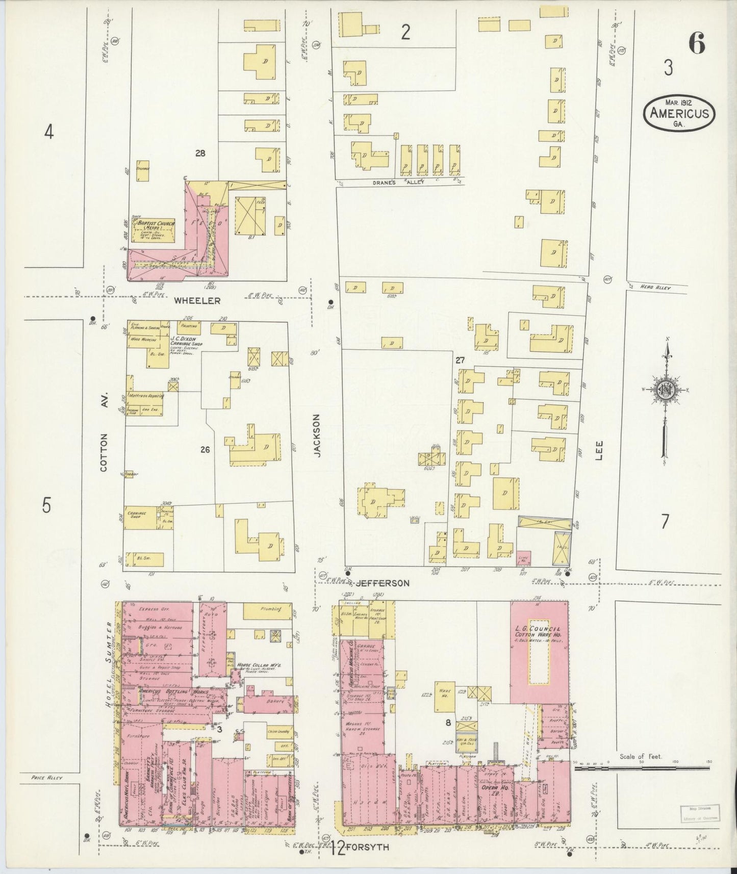 Sanborn Fire Insurance Map from Americus, Sumter County, Georgia (1912), Sheet #0006 - Historic Sanborn Fire Insurance Map Print, vintage old map wall art, antique decor, genealogy gift, Georgia Georgia map