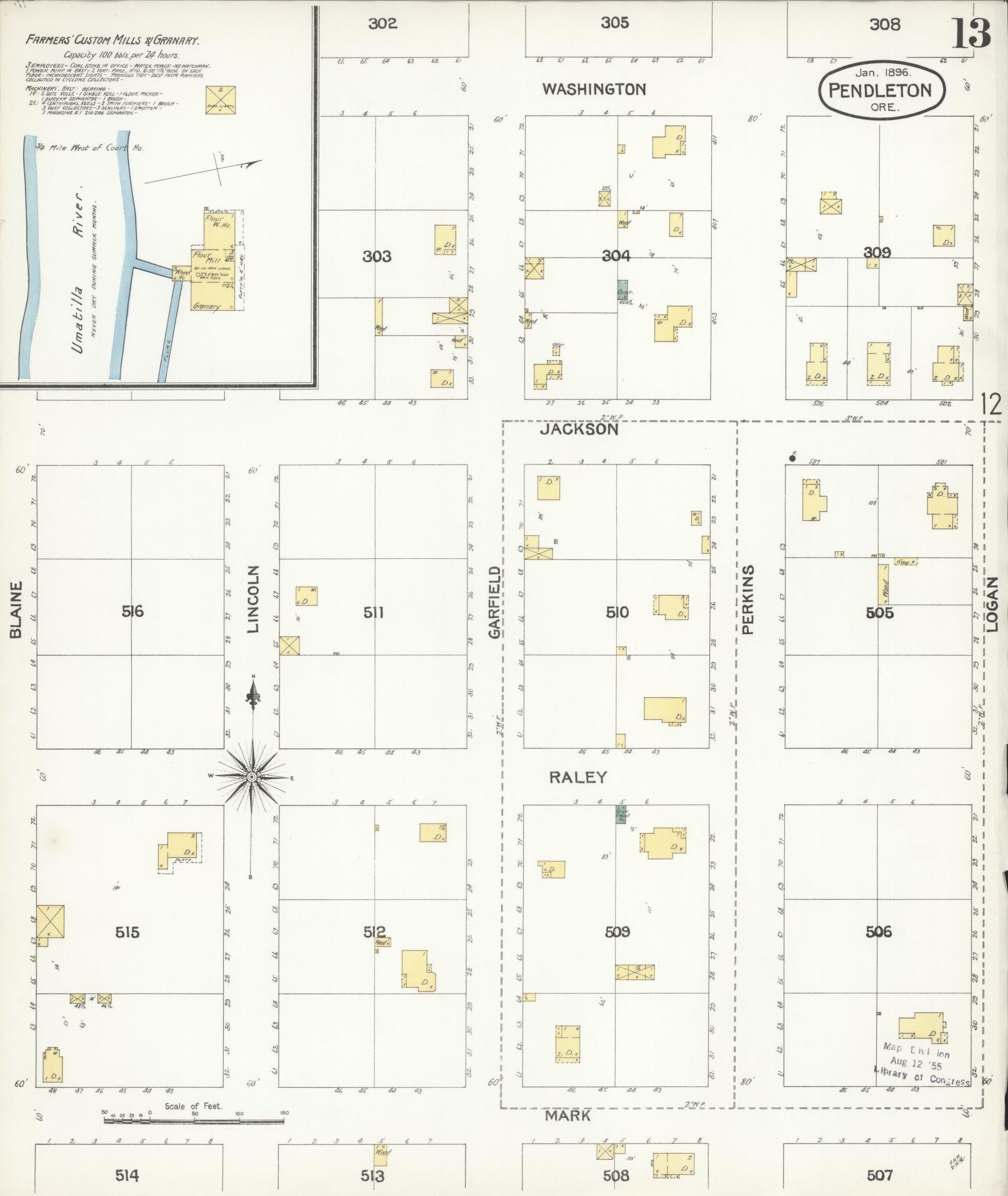 Sanborn Fire Insurance Map from Pendleton, Umatilla County, Oregon (1896), Sheet #0013 - Historic Sanborn Fire Insurance Map Print, vintage old map wall art, antique decor, genealogy gift, Oregon Oregon map