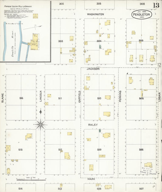 Sanborn Fire Insurance Map from Pendleton, Umatilla County, Oregon (1896), Sheet #0013 - Historic Sanborn Fire Insurance Map Print, vintage old map wall art, antique decor, genealogy gift, Oregon Oregon map