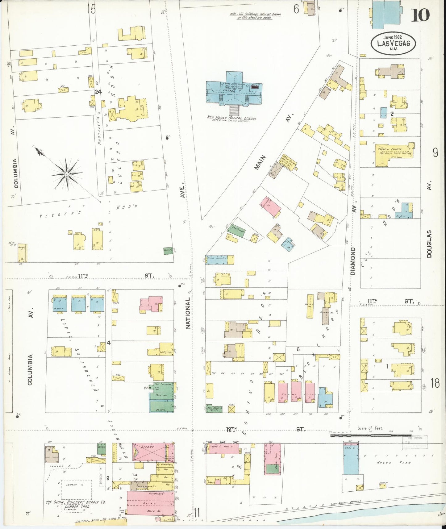 Sanborn Fire Insurance Map from Las Vegas, San Miguel County, New Mexico (1902), Sheet #0010 - Complete Map Set gallery image, historic Sanborn map, vintage wall art, New Mexico New Mexico