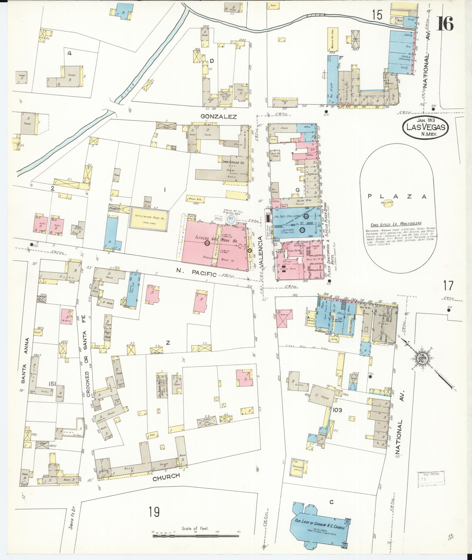 Sanborn Fire Insurance Map from Las Vegas, San Miguel County, New Mexico (1913), Sheet #0016 - Historic Sanborn Fire Insurance Map Print, vintage old map wall art, antique decor, genealogy gift, New Mexico New Mexico map