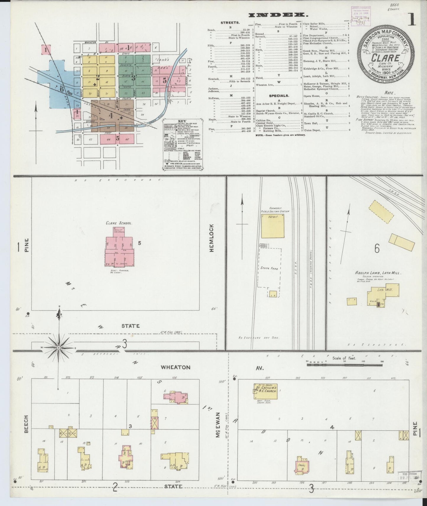 Sanborn Fire Insurance Map from Clare, Clare County, Michigan (1906), Sheet #0001 - Historic Sanborn Fire Insurance Map Print, vintage old map wall art, antique decor, genealogy gift, Michigan Michigan map