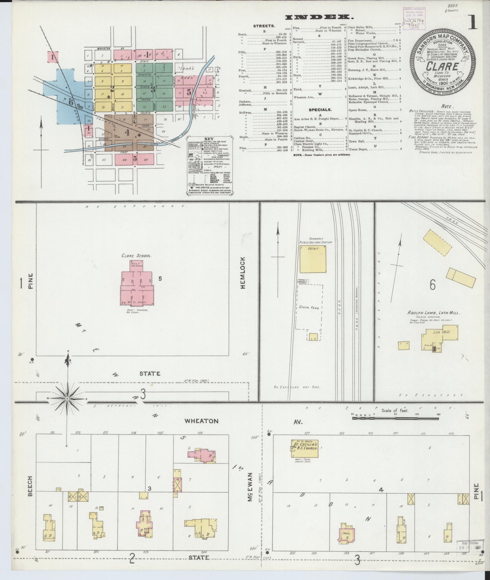Sanborn Fire Insurance Map from Clare, Clare County, Michigan (1906), Sheet #0001 - Historic Sanborn Fire Insurance Map Print, vintage old map wall art, antique decor, genealogy gift, Michigan Michigan map