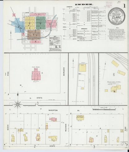 Sanborn Fire Insurance Map from Clare, Clare County, Michigan (1906), Sheet #0001 - Historic Sanborn Fire Insurance Map Print, vintage old map wall art, antique decor, genealogy gift, Michigan Michigan map