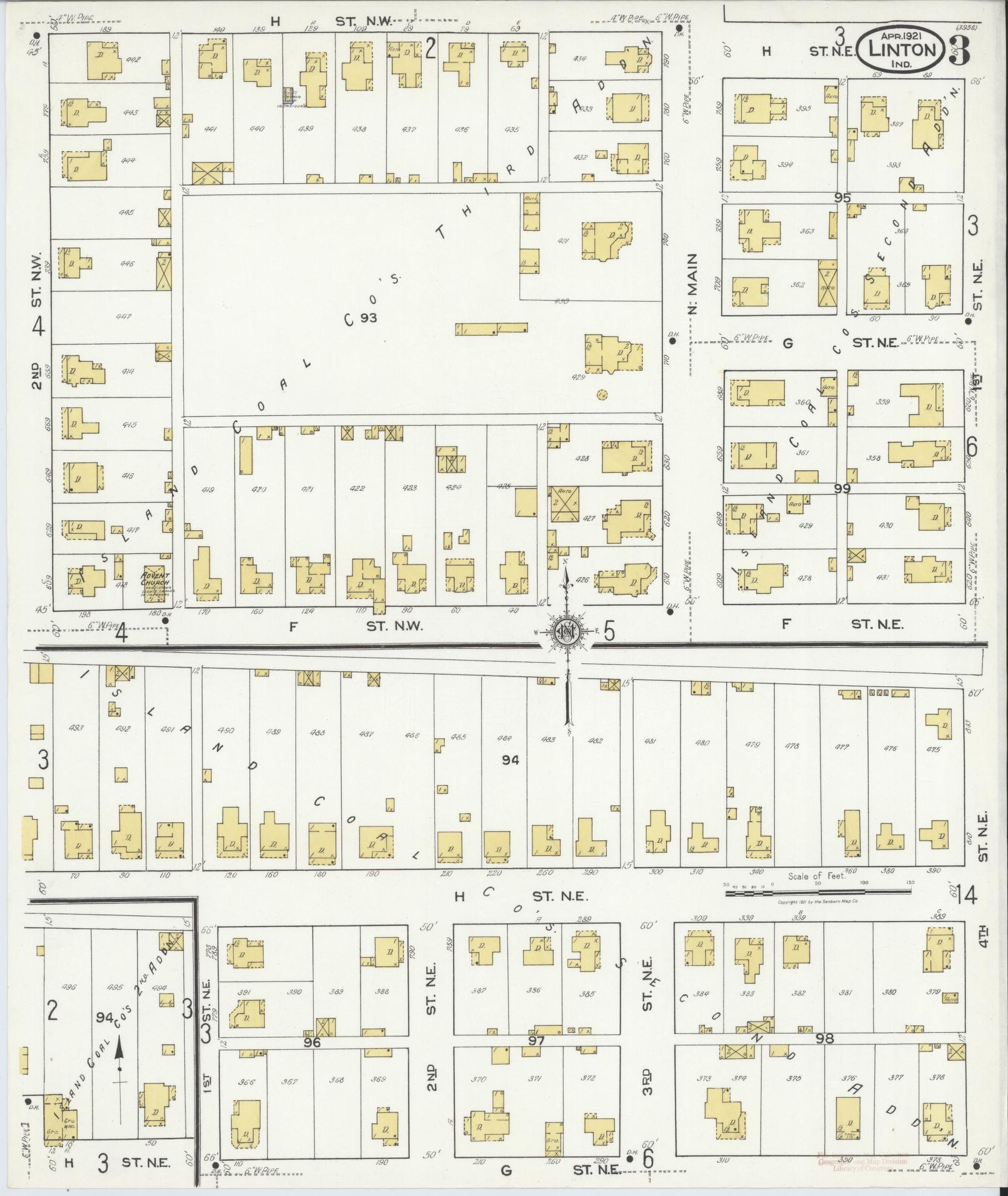Sanborn Fire Insurance Map from Linton, Greene County, Indiana (1921), Sheet #0003 - Complete Map Set gallery image, historic Sanborn map, vintage wall art, Indiana Indiana