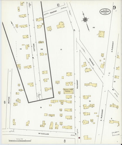 Sanborn Fire Insurance Map from Amherst, Hampshire County, Massachusetts (1910), Sheet #0009 - Historic Sanborn Fire Insurance Map Print, vintage old map wall art, antique decor, genealogy gift, Massachusetts Massachusetts map
