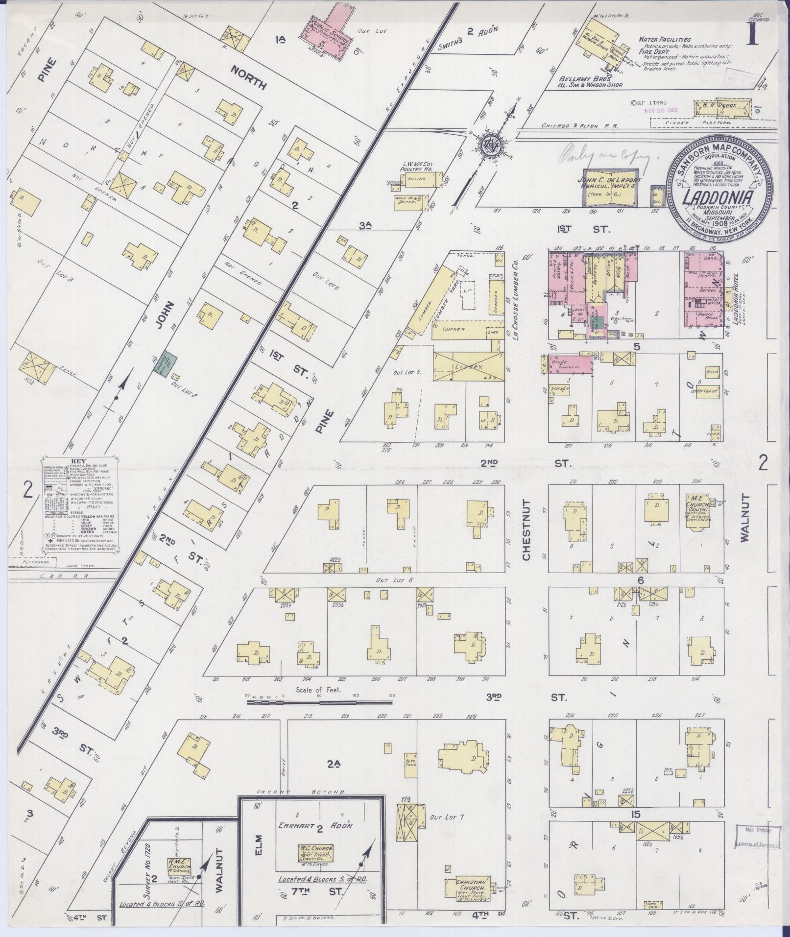 Sanborn Fire Insurance Map from Laddonia, Audrain County, Missouri (1909), Sheet #0001 - Complete Map Set gallery image, historic Sanborn map, vintage wall art, Missouri Missouri