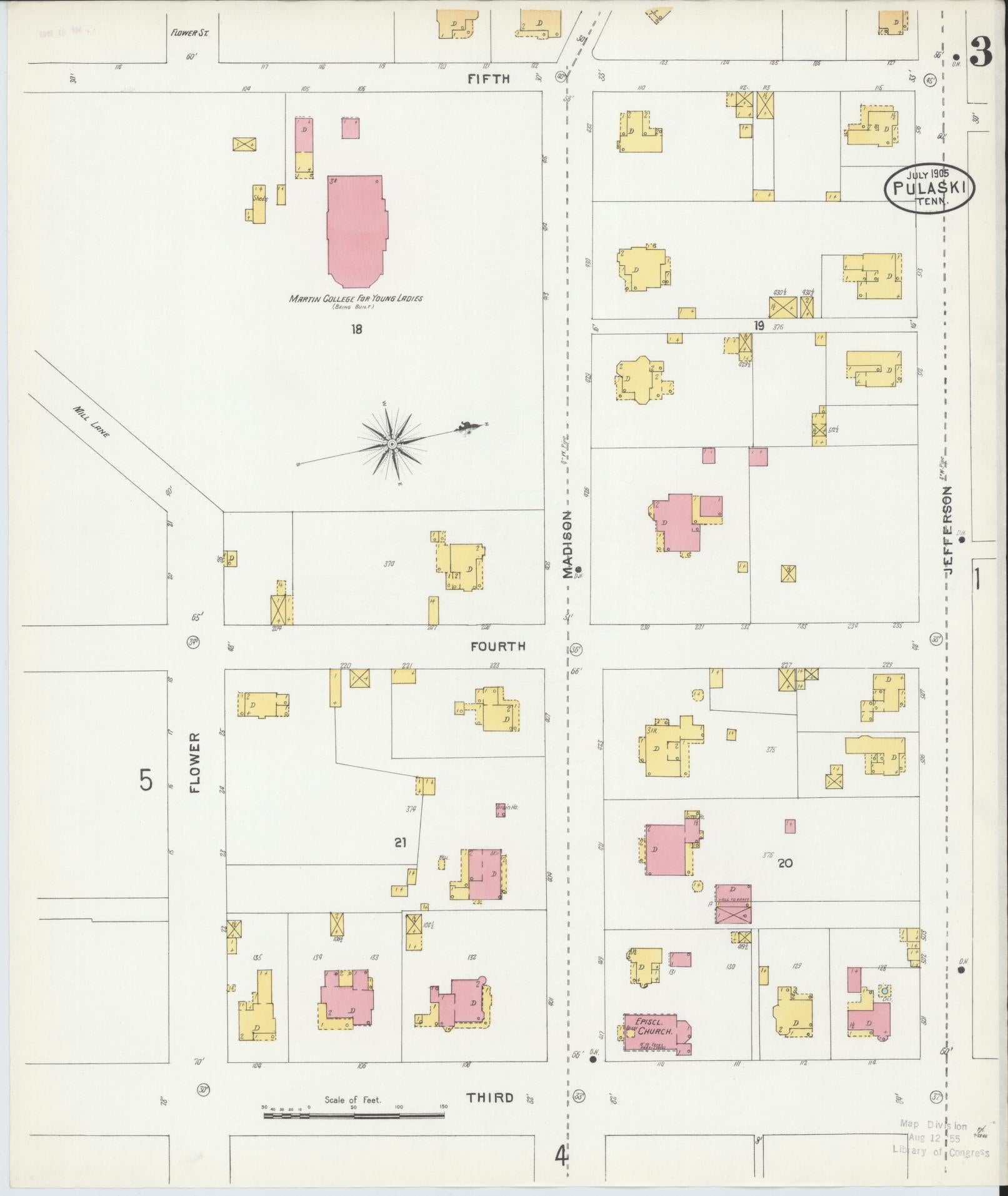 Sanborn Fire Insurance Map from Pulaski, Giles County, Tennessee (1905), Sheet #0003 - Complete Map Set gallery image, historic Sanborn map, vintage wall art, Tennessee Tennessee