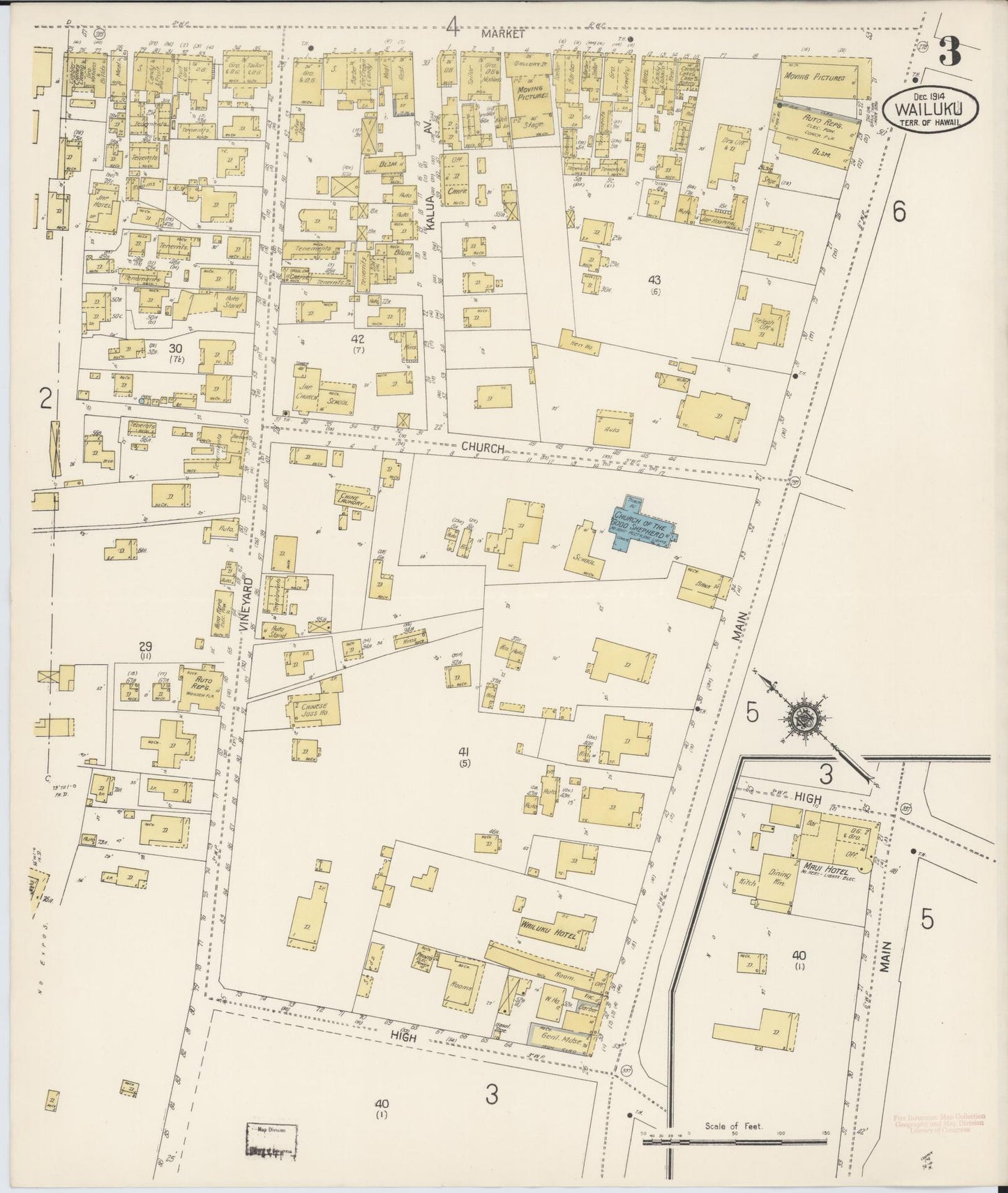 Sanborn Fire Insurance Map from Wailuku, Maui County, Hawaii (1914), Sheet #0003 - Historic Sanborn Fire Insurance Map Print, vintage old map wall art, antique decor, genealogy gift, Hawaii Hawaii map
