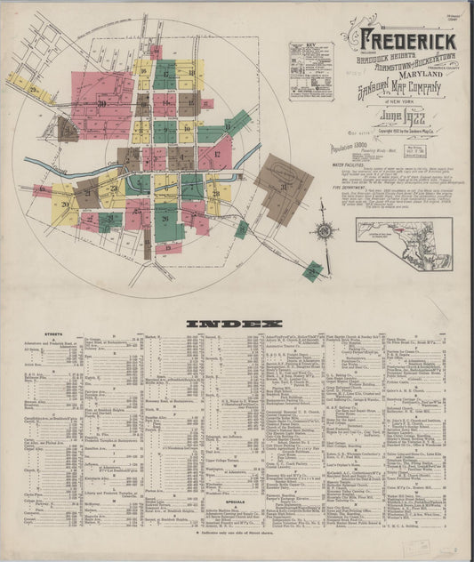 Sanborn Fire Insurance Map from Frederick, Frederick County, Maryland (1922), Sheet #0001 - Historic Sanborn Fire Insurance Map Print, vintage old map wall art, antique decor, genealogy gift, Maryland Maryland map