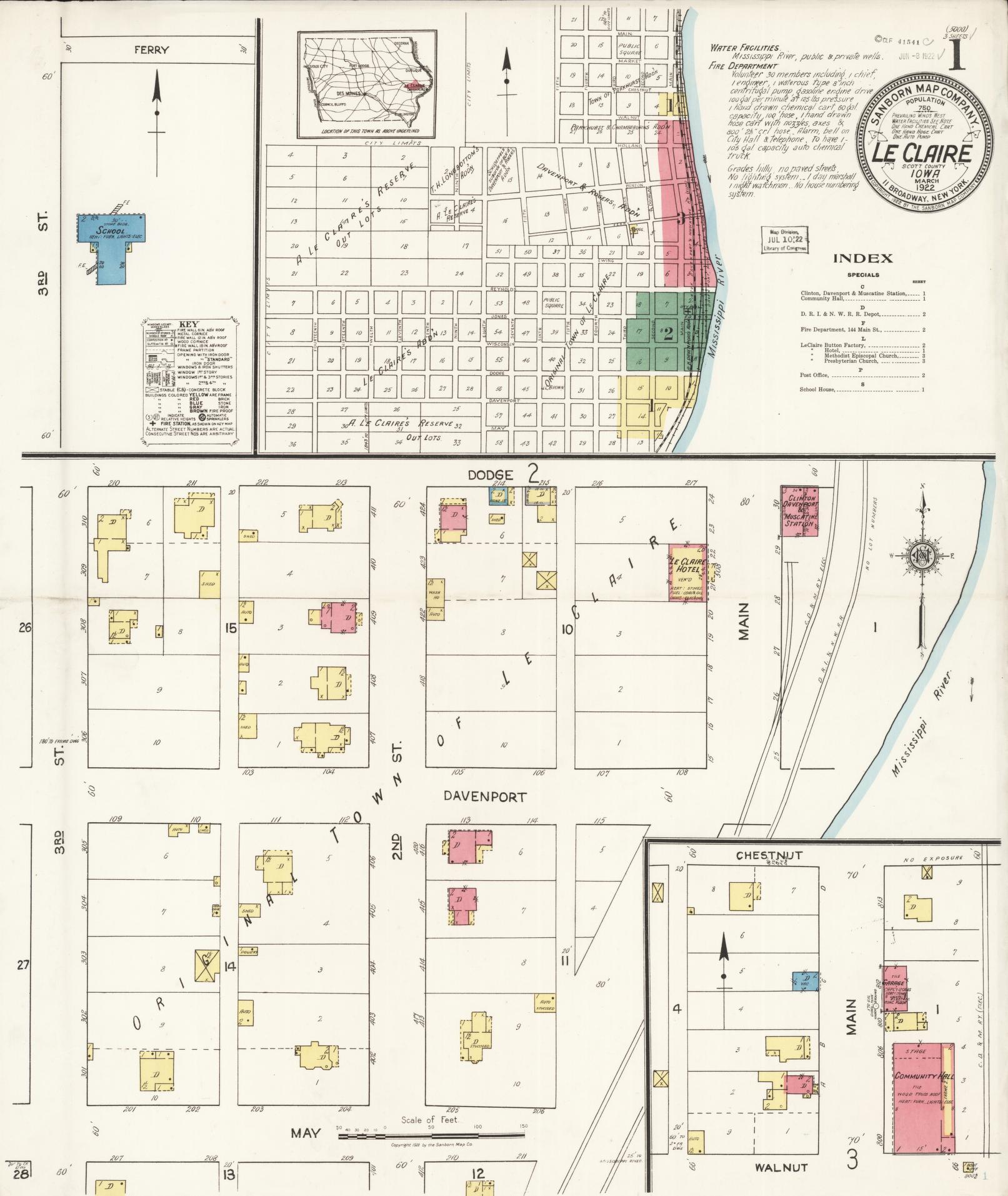 Sanborn Fire Insurance Map from Le Claire, Scott County, Iowa (1922), Sheet #0001 - Historic Sanborn Fire Insurance Map Print, vintage old map wall art