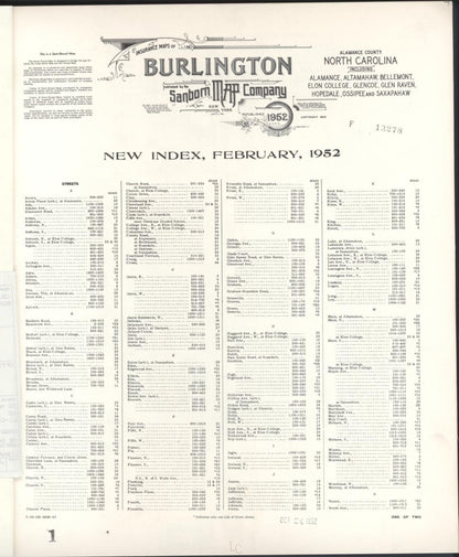 Sanborn Fire Insurance Map from Burlington, Alamance County, North Carolina (1952), Sheet #0001 - Historic Sanborn Fire Insurance Map Print, vintage old map wall art, antique decor, genealogy gift, North Carolina North Carolina map
