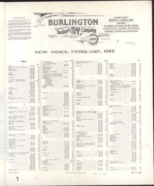 Sanborn Fire Insurance Map from Burlington, Alamance County, North Carolina (1952), Sheet #0001 - Historic Sanborn Fire Insurance Map Print, vintage old map wall art, antique decor, genealogy gift, North Carolina North Carolina map