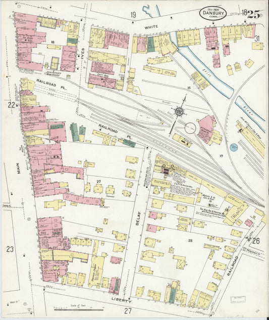 Sanborn Fire Insurance Map from Danbury, Fairfield County, Connecticut (1909), Sheet #0025 - Historic Sanborn Fire Insurance Map Print, vintage old map wall art, antique decor, genealogy gift, Connecticut Connecticut map