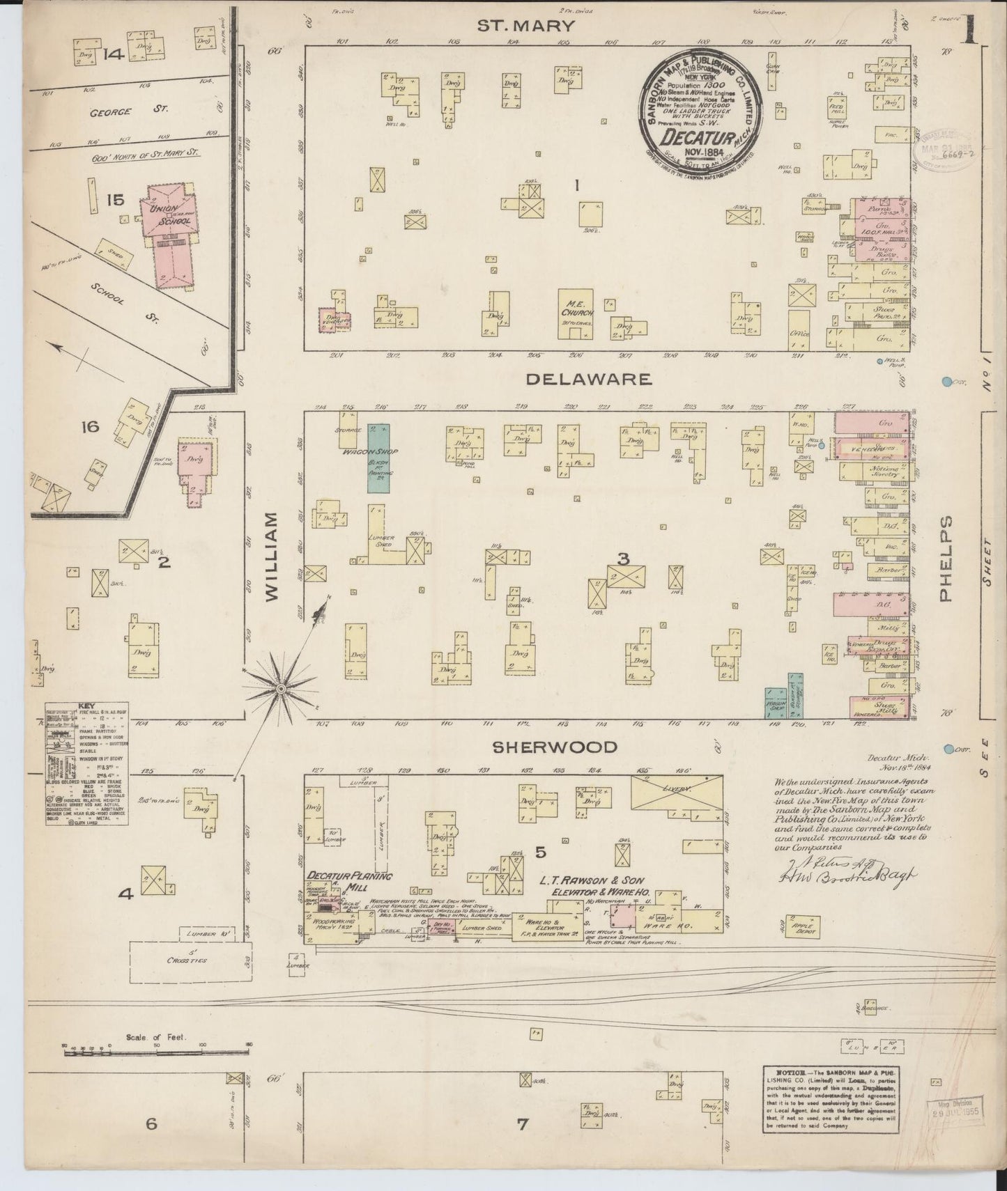 Sanborn Fire Insurance Map from Decatur, Van Buren County, Michigan (1884), Sheet #0001 - Historic Sanborn Fire Insurance Map Print, vintage old map wall art, antique decor, genealogy gift, Michigan Michigan map