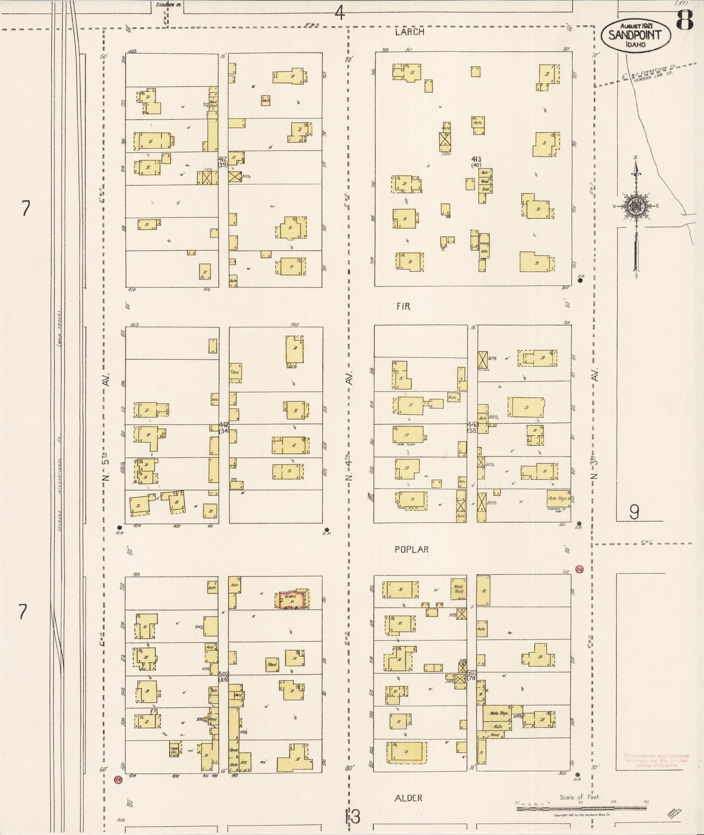 Sanborn Fire Insurance Map from Sandpoint, Bonner County, Idaho (1921), Sheet #0008 - Complete Map Set gallery image, historic Sanborn map, vintage wall art, Idaho Idaho