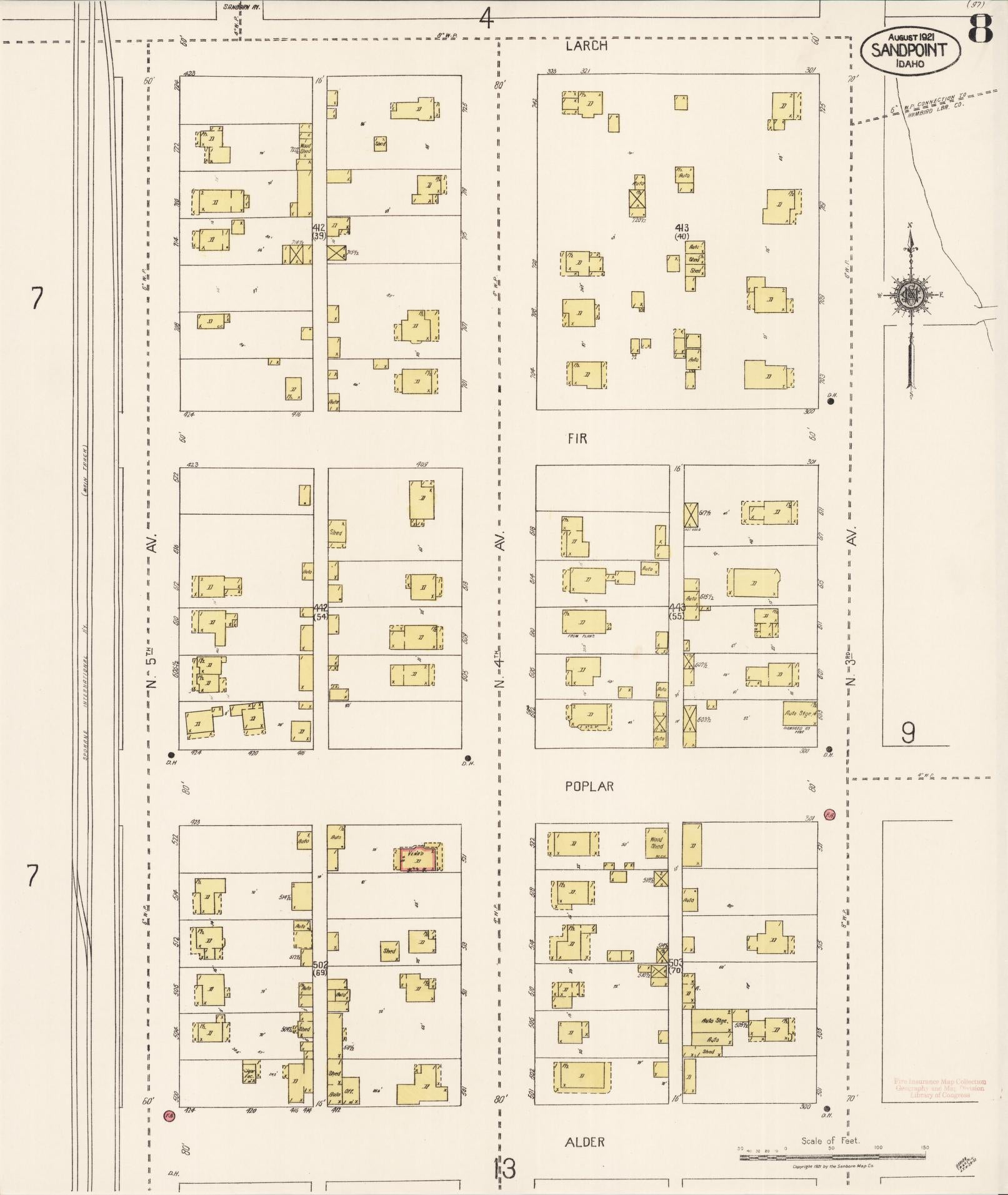 Sanborn Fire Insurance Map from Sandpoint, Bonner County, Idaho (1921), Sheet #0008 - Complete Map Set gallery image, historic Sanborn map, vintage wall art, Idaho Idaho