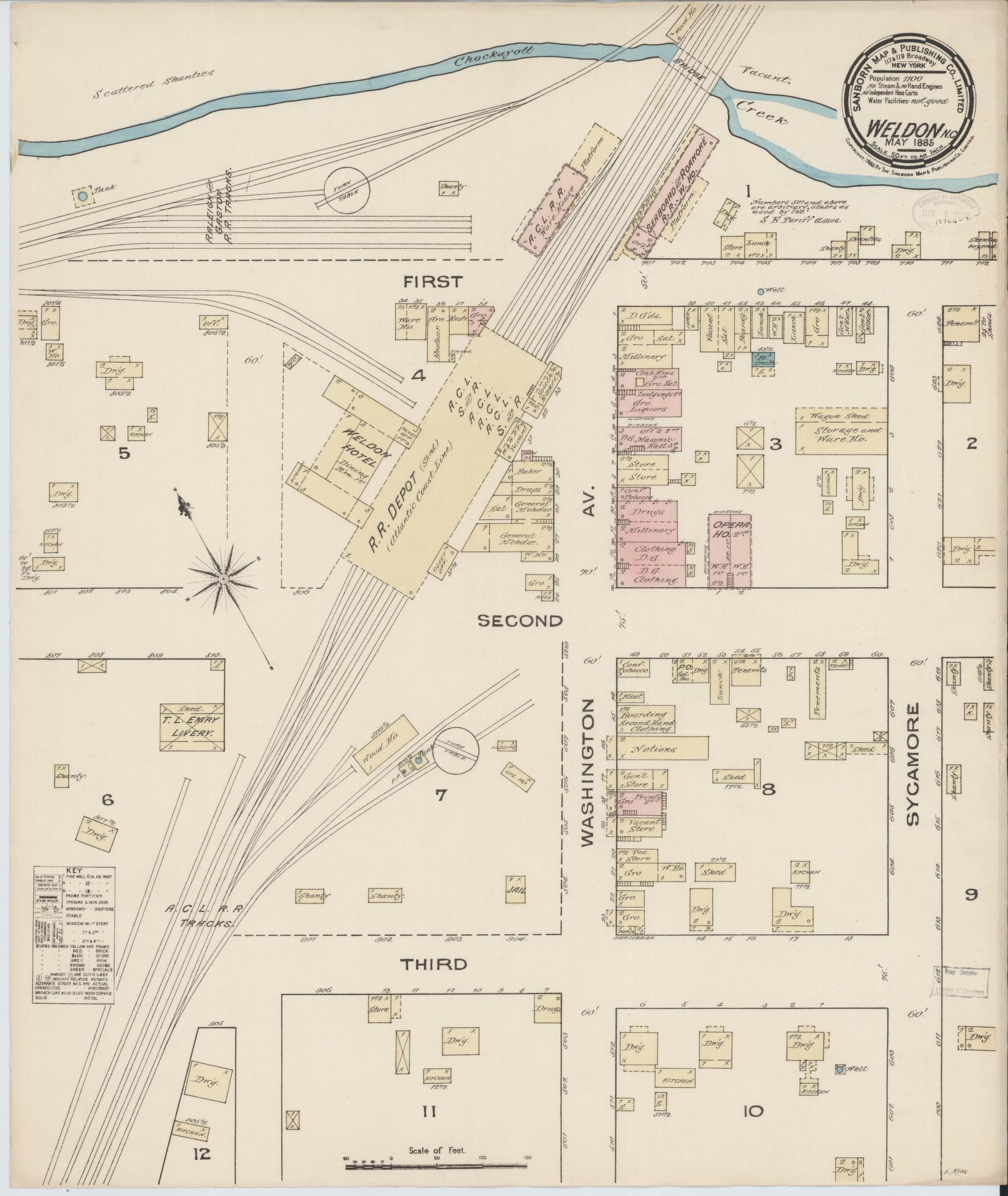 Sanborn Fire Insurance Map from Weldon, Halifax County, North Carolina (1885), Sheet #0001 - Historic Sanborn Fire Insurance Map Print, vintage old map wall art, antique decor, genealogy gift, North Carolina North Carolina map