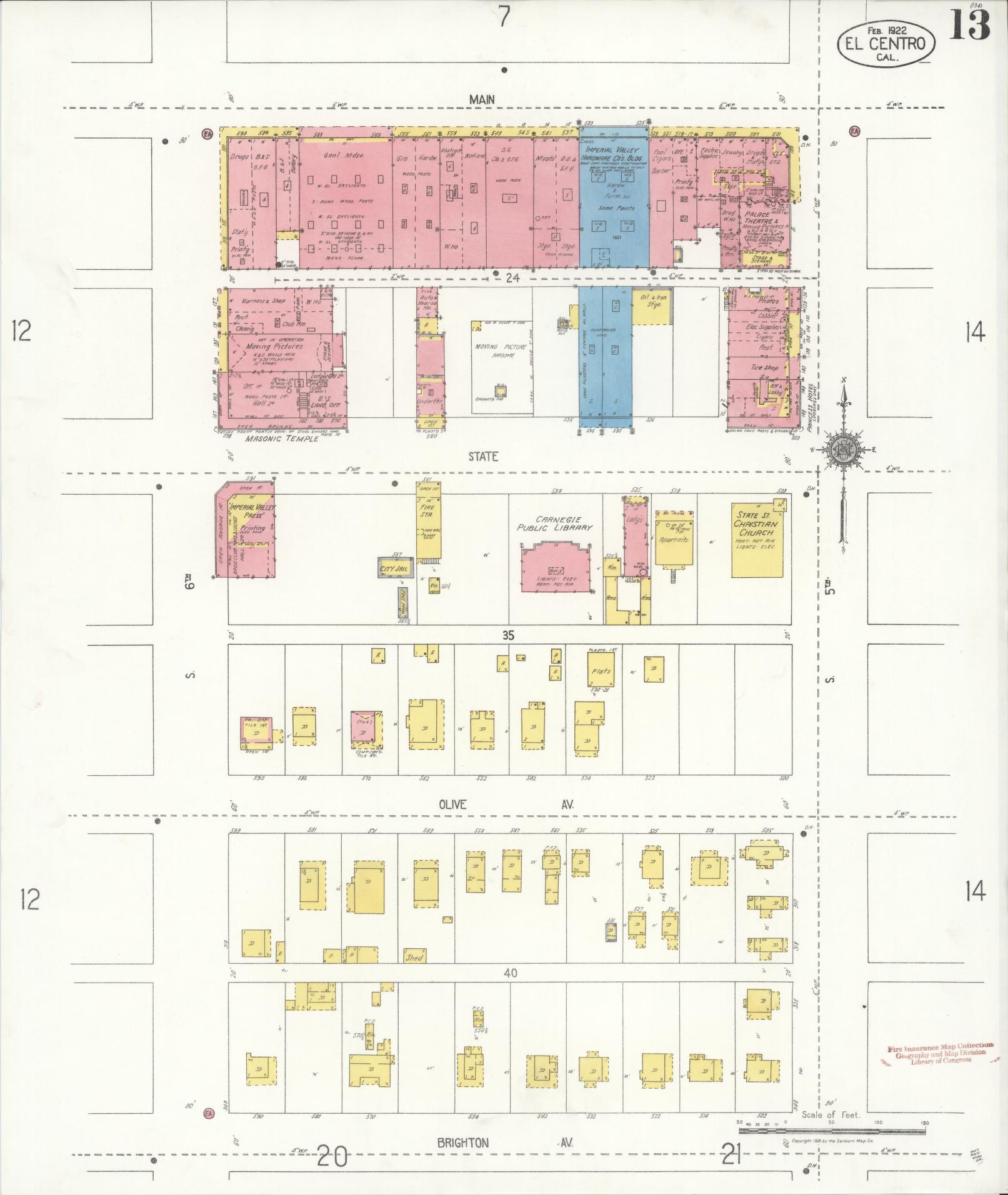 Sanborn Fire Insurance Map from El Centro, Imperial County, California (1922), Sheet #0013 - Historic Sanborn Fire Insurance Map Print, vintage old map wall art, antique decor, genealogy gift, California California map
