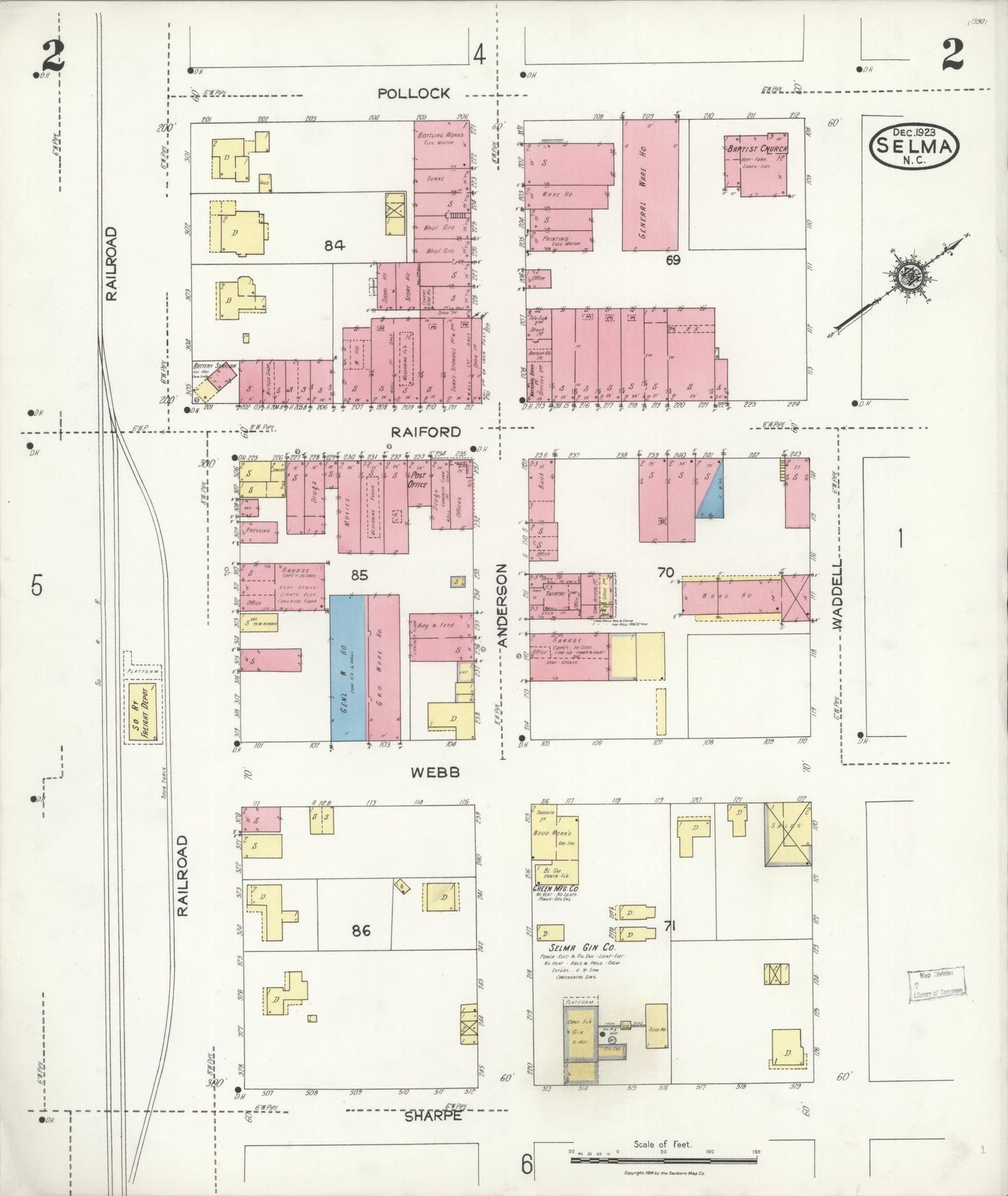 Sanborn Fire Insurance Map from Selma, Johnston County, North Carolina (1923), Sheet #0002 - Historic Sanborn Fire Insurance Map Print, vintage old map wall art, antique decor, genealogy gift, North Carolina North Carolina map