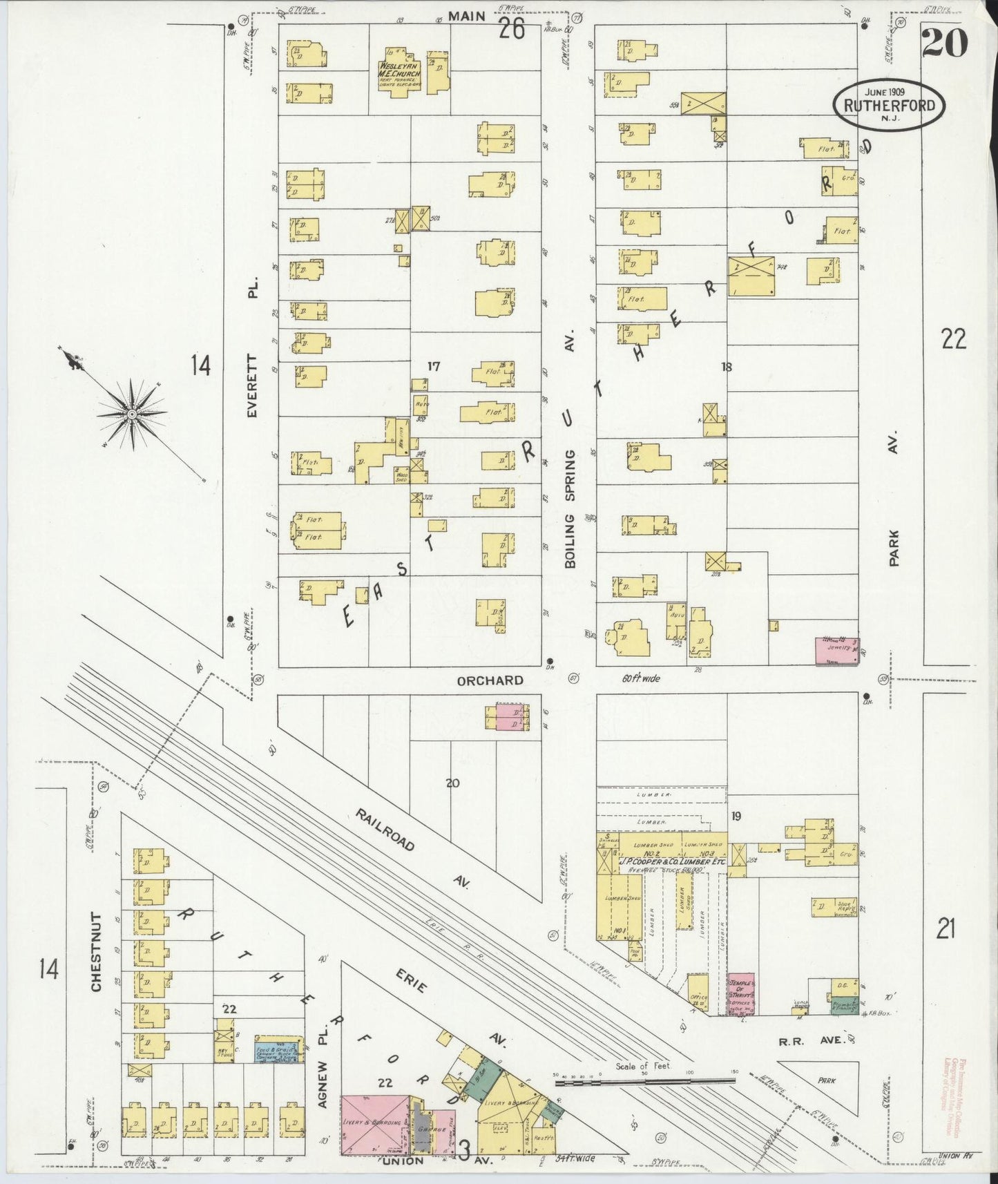 Sanborn Fire Insurance Map from Rutherford, Bergen County, New Jersey (1909), Sheet #0020 - Historic Sanborn Fire Insurance Map Print, vintage old map wall art, antique decor, genealogy gift, New Jersey New Jersey map