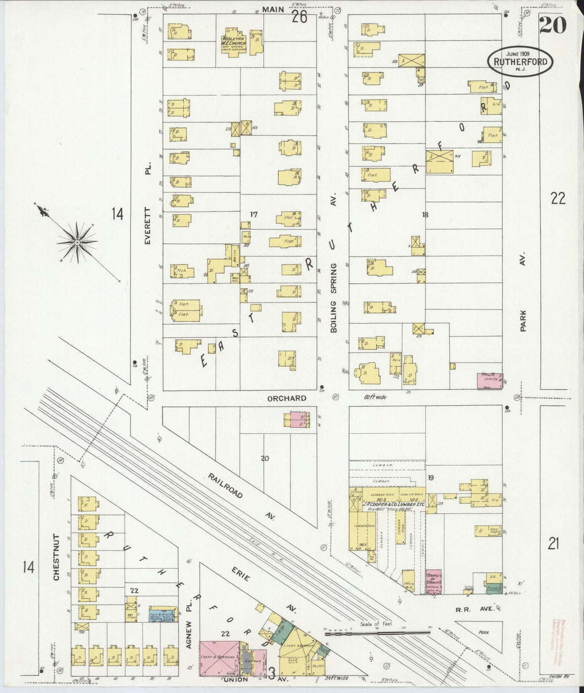 Sanborn Fire Insurance Map from Rutherford, Bergen County, New Jersey (1909), Sheet #0020 - Historic Sanborn Fire Insurance Map Print, vintage old map wall art, antique decor, genealogy gift, New Jersey New Jersey map