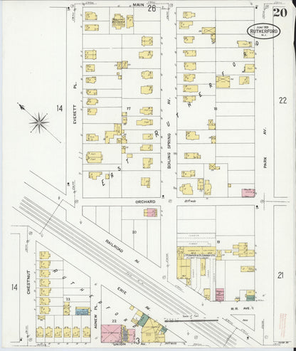 Sanborn Fire Insurance Map from Rutherford, Bergen County, New Jersey (1909), Sheet #0020 - Historic Sanborn Fire Insurance Map Print, vintage old map wall art, antique decor, genealogy gift, New Jersey New Jersey map