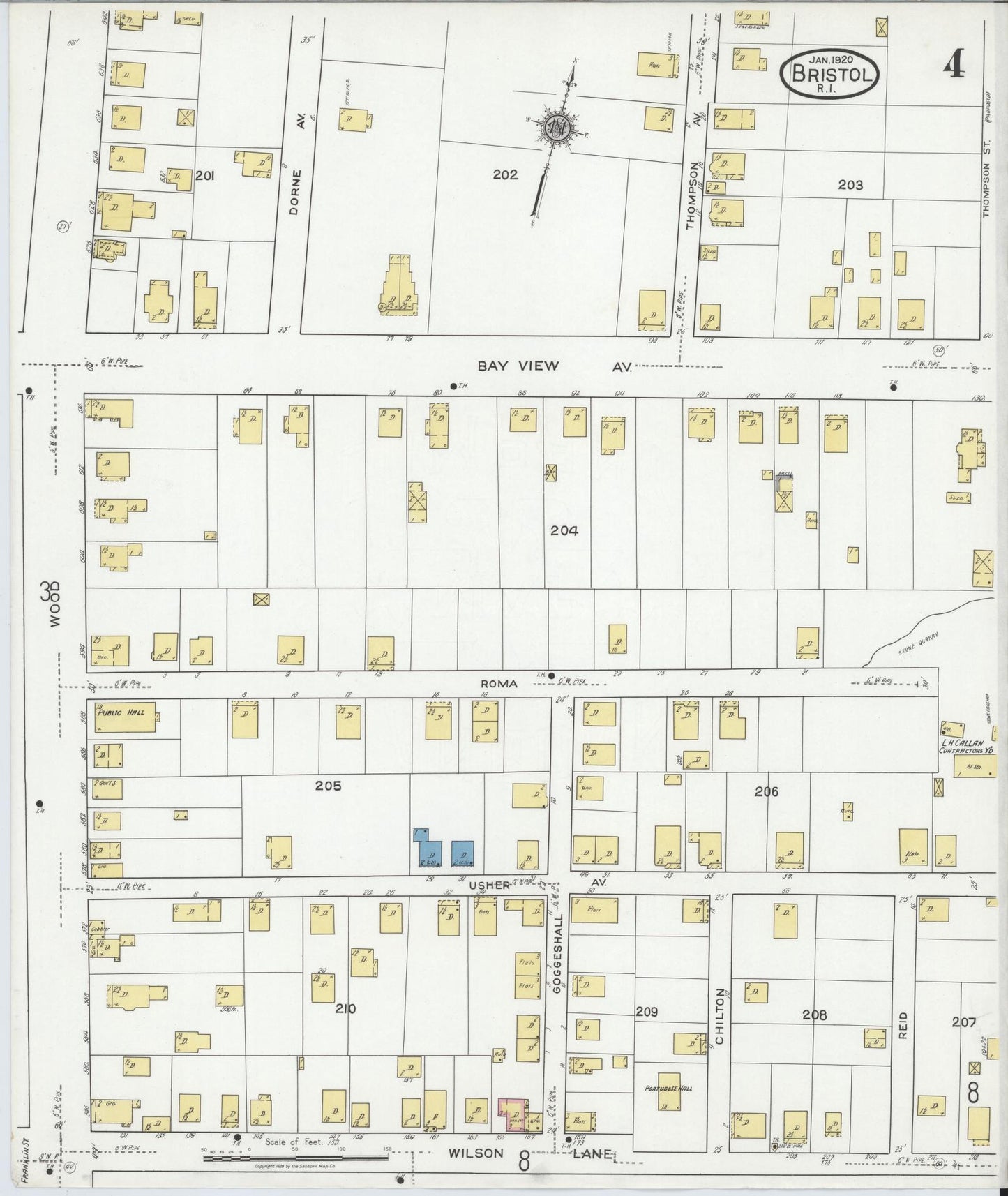 Sanborn Fire Insurance Map from Bristol, Bristol County, Rhode Island (1920), Sheet #0004 - Historic Sanborn Fire Insurance Map Print, vintage old map wall art, antique decor, genealogy gift, Rhode Island Rhode Island map