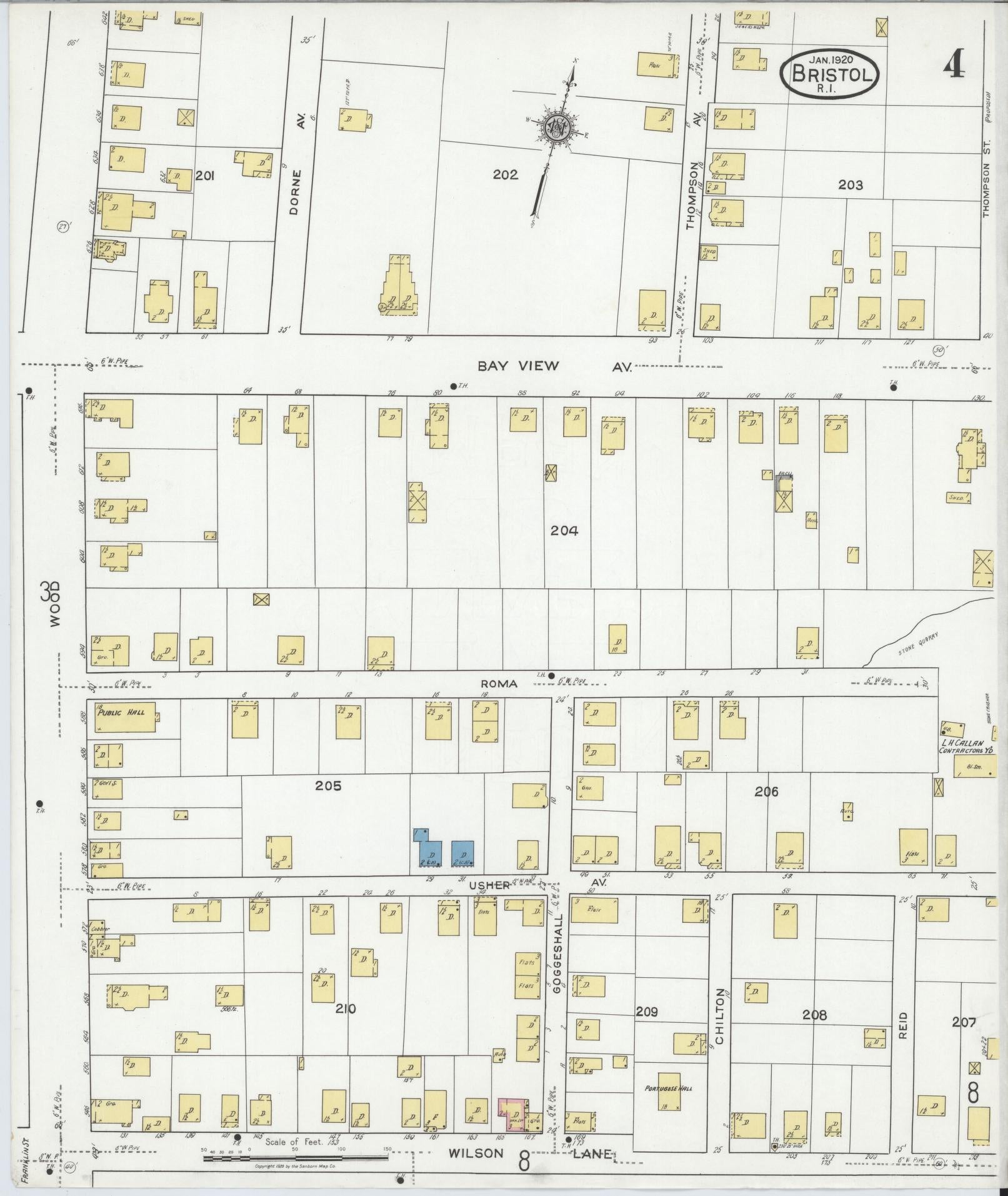 Sanborn Fire Insurance Map from Bristol, Bristol County, Rhode Island (1920), Sheet #0004 - Historic Sanborn Fire Insurance Map Print, vintage old map wall art, antique decor, genealogy gift, Rhode Island Rhode Island map
