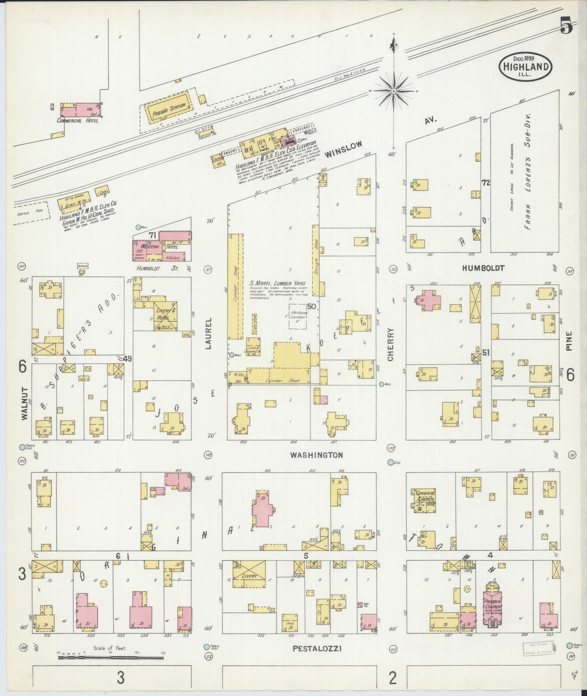 Sanborn Fire Insurance Map from Highland, Madison County, Illinois (1899), Sheet #0005 - Historic Sanborn Fire Insurance Map Print, vintage old map wall art, antique decor, genealogy gift, Illinois Illinois map