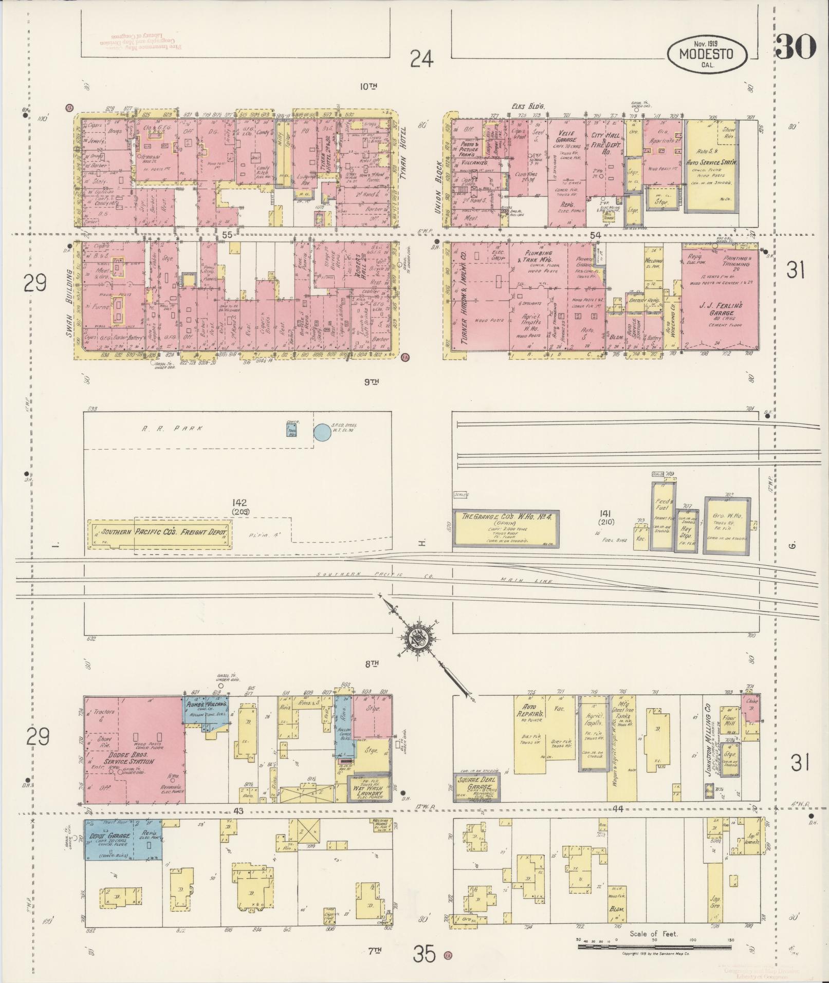 Sanborn Fire Insurance Map from Modesto, Stanislaus County, California (1919), Sheet #0030 - Historic Sanborn Fire Insurance Map Print, vintage old map wall art, antique decor, genealogy gift, California California map