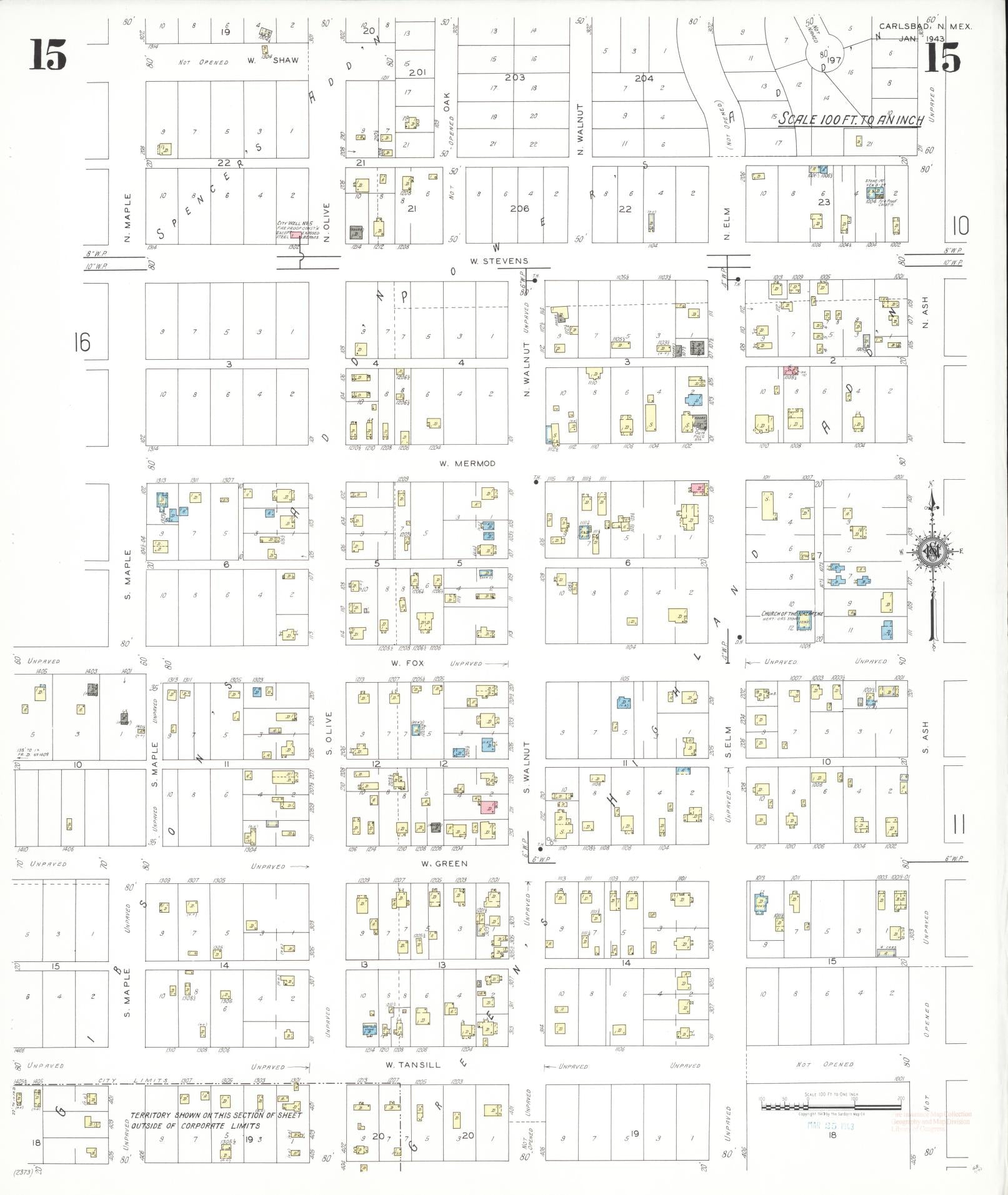 Sanborn Fire Insurance Map from Carlsbad, Eddy County, New Mexico (1943), Sheet #0015 - Historic Sanborn Fire Insurance Map Print, vintage old map wall art, antique decor, genealogy gift, New Mexico New Mexico map