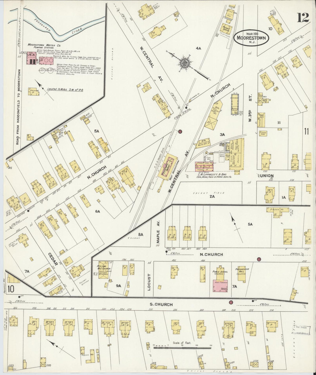 Sanborn Fire Insurance Map from Moorestown, Burlington County, New Jersey (1911), Sheet #0012 - Complete Map Set gallery image, historic Sanborn map, vintage wall art, New Jersey New Jersey